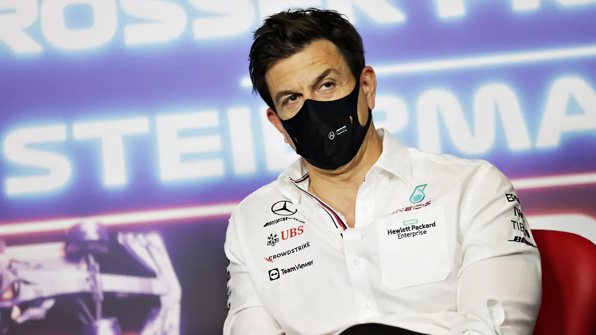 SPIELBERG, AUSTRIA - JUNE 25: Mercedes GP Executive Director Toto Wolff talks in a press conference during practice ahead of the F1 Grand Prix of Styria at Red Bull Ring on June 25, 2021 in Spielberg, Austria. (Photo by Bryn Lennon/Getty Images)