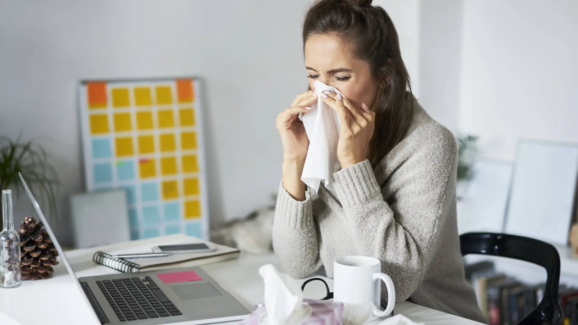 Ill woman at home at desk blowing her nose model released Symbolfoto property released PUBLICATIONxINxGERxSUIxAUTxHUNxONLY BSZF00184