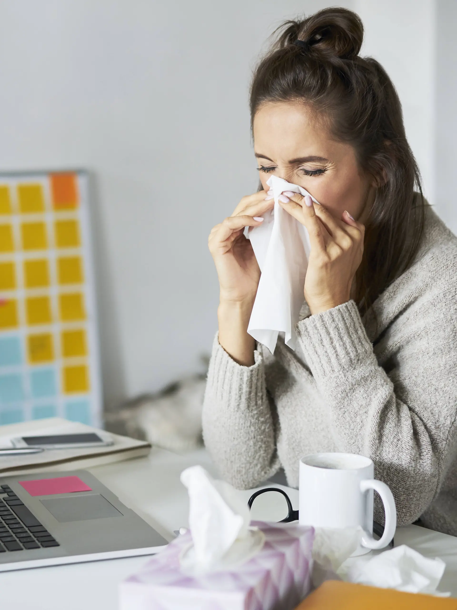 Ill woman at home at desk blowing her nose model released Symbolfoto property released PUBLICATIONxINxGERxSUIxAUTxHUNxONLY BSZF00184
