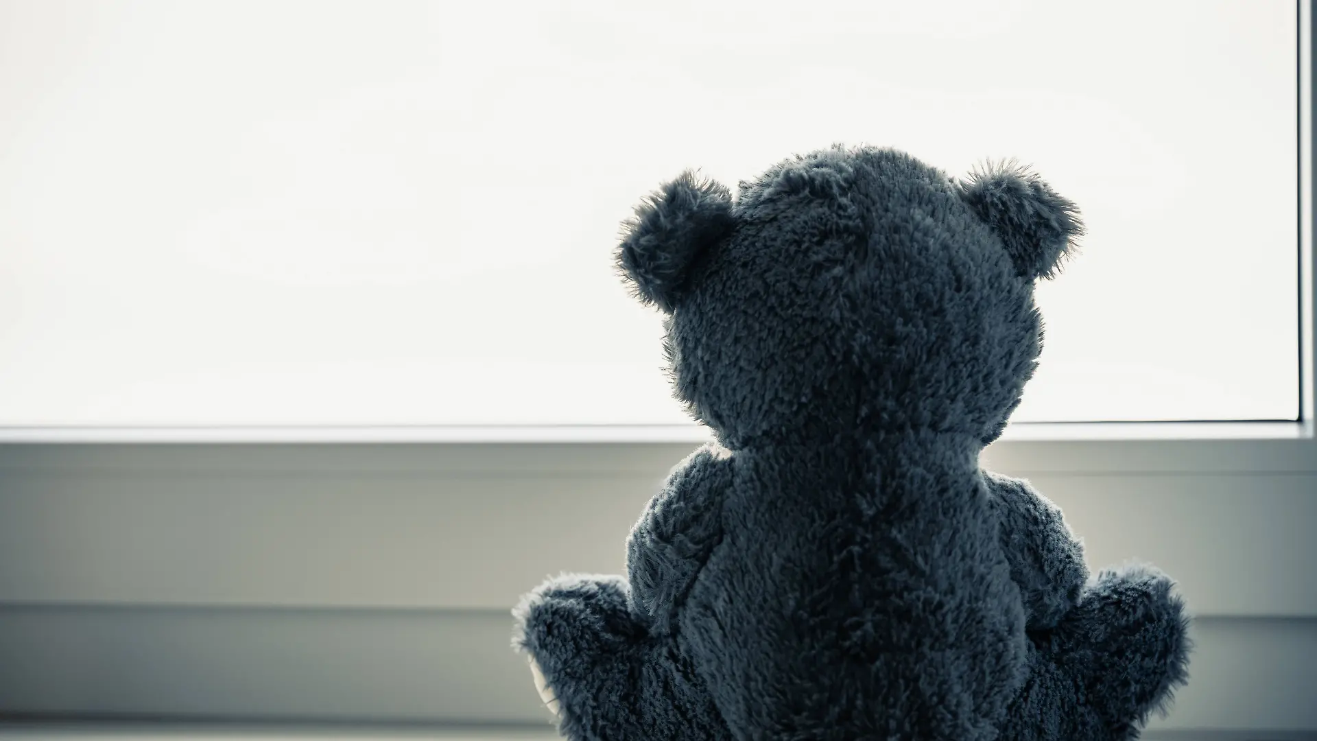 Trauriger Stofftier Teddybär sitzt alleine an einem großen Fenster. 