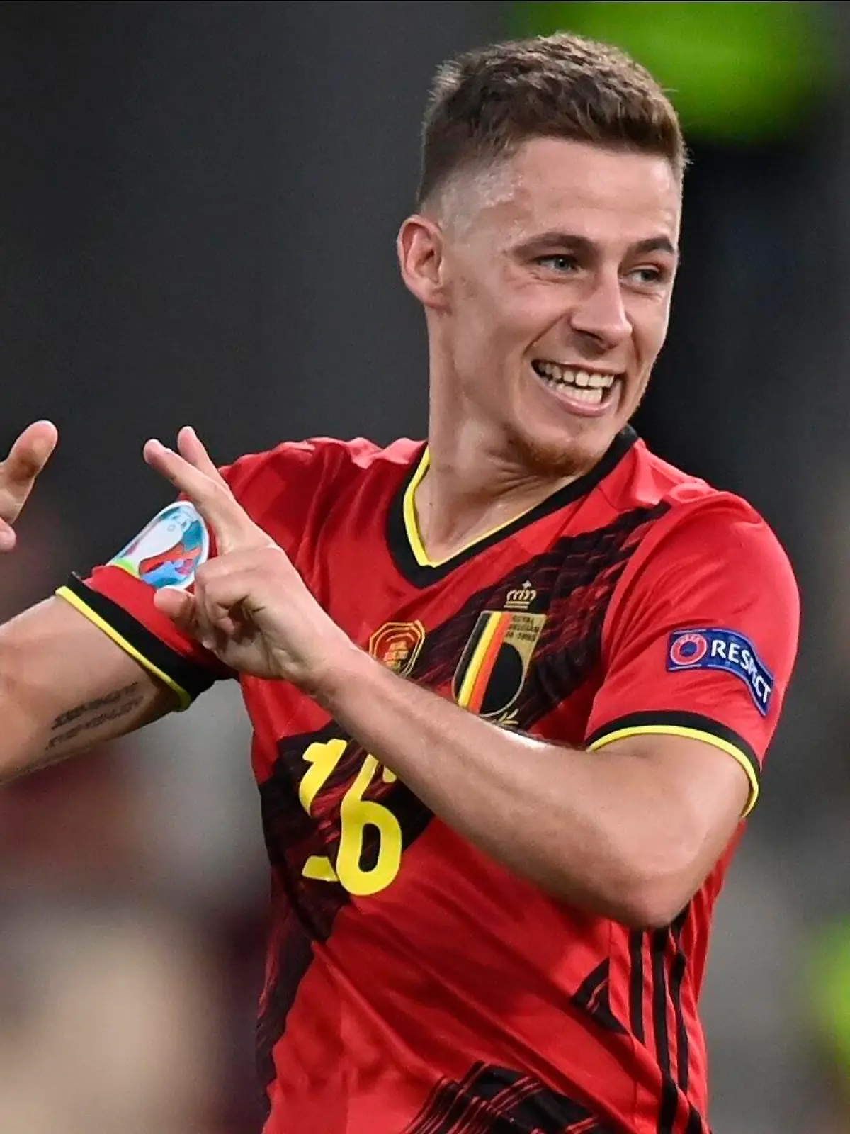 SEVILLA, SPAIN - JUNE 27 : Thorgan Hazard midfielder of Belgium celebrates scoring a goal during the 16th UEFA EURO, EM, Europameisterschaft,Fussball 2020 Championship Round of 16 match between Belgium and Portugal on June 27, 2021 in Sevilla, Spain, 27/06/2021 FOOTBALL : Portugal vs Belgique - Euro 2020 - Seville - 27/06/2021 PhotoNews/Panoramic PUBLICATIONxINxGERxSUIxAUTxHUNxONLY 