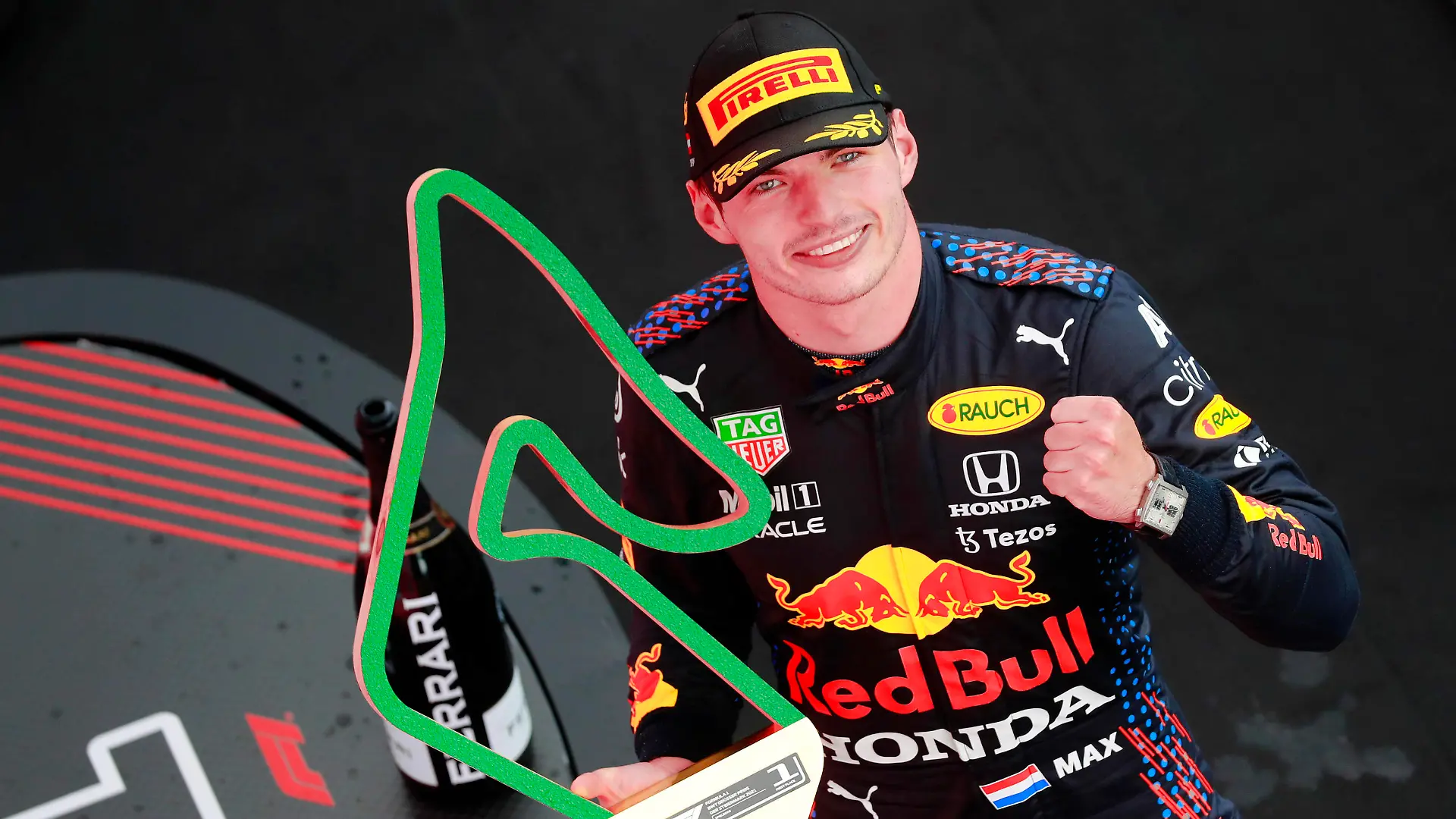 Formula 1 2021: Styrian GP RED BULL RING, AUSTRIA - JUNE 27: Max Verstappen, Red Bull Racing, 1st position, with his trophy during the Styrian GP at Red Bull Ring on Sunday June 27, 2021 in Spielberg, Austria. Photo by Steven Tee / LAT Images Images PUBLICATIONxINxGERxSUIxAUTxHUNxONLY GP2108_144124_1ST5525