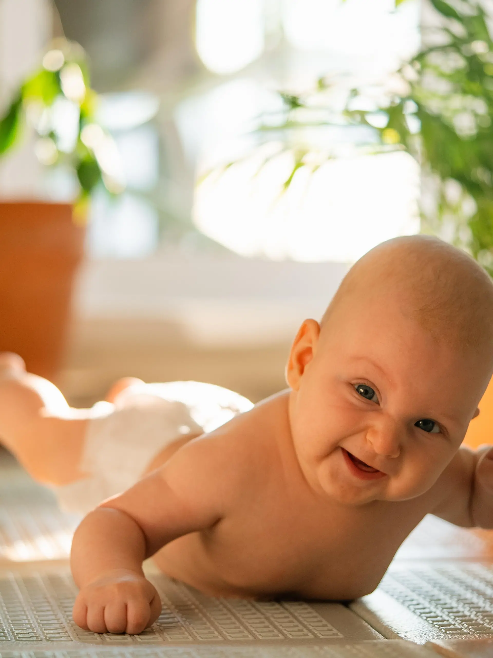 Glücklicher Baby-Junge tun Bauchzeit, lächeln und Blick auf die Kamera, entwickeln motorische Fähigkeiten, genießen Infancy, natürliches Licht aus Fenster Beleuchtung Pflanzen-Töpfe im Hintergrund