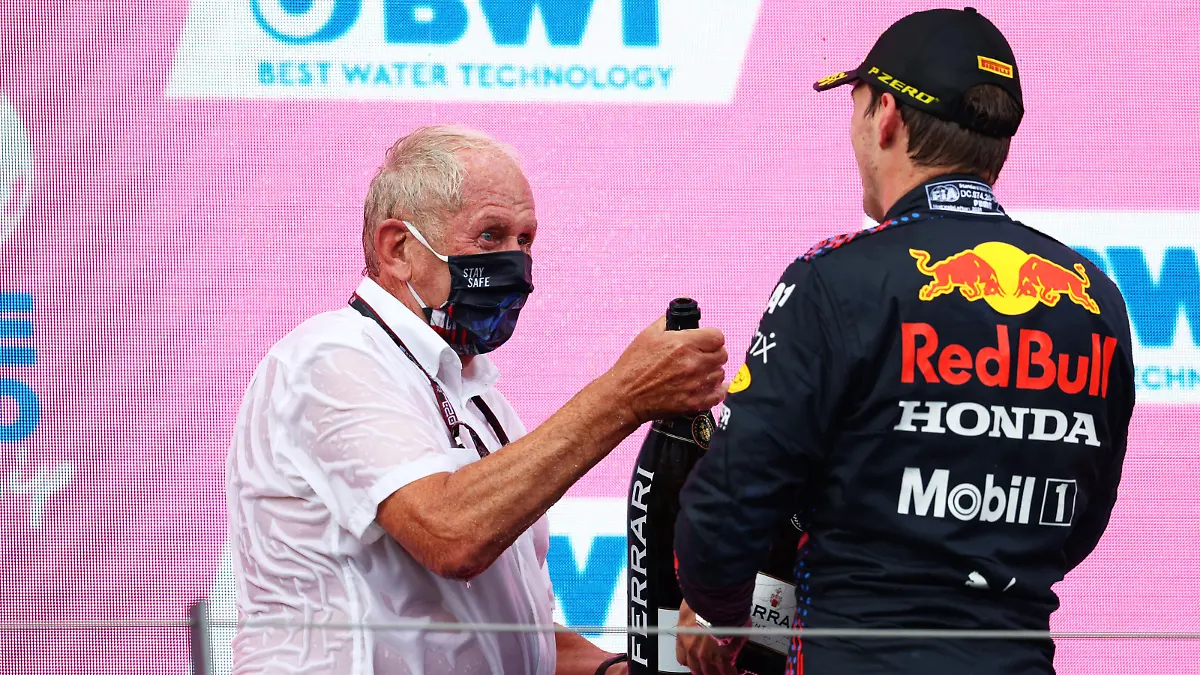 SPIELBERG, AUSTRIA - JUNE 27: Race winner Max Verstappen of Netherlands and Red Bull Racing celebrates with Red Bull Racing Team Consultant Dr Helmut Marko on the podium during the F1 Grand Prix of Styria at Red Bull Ring on June 27, 2021 in Spielberg, Austria. (Photo by Clive Rose/Getty Images)
