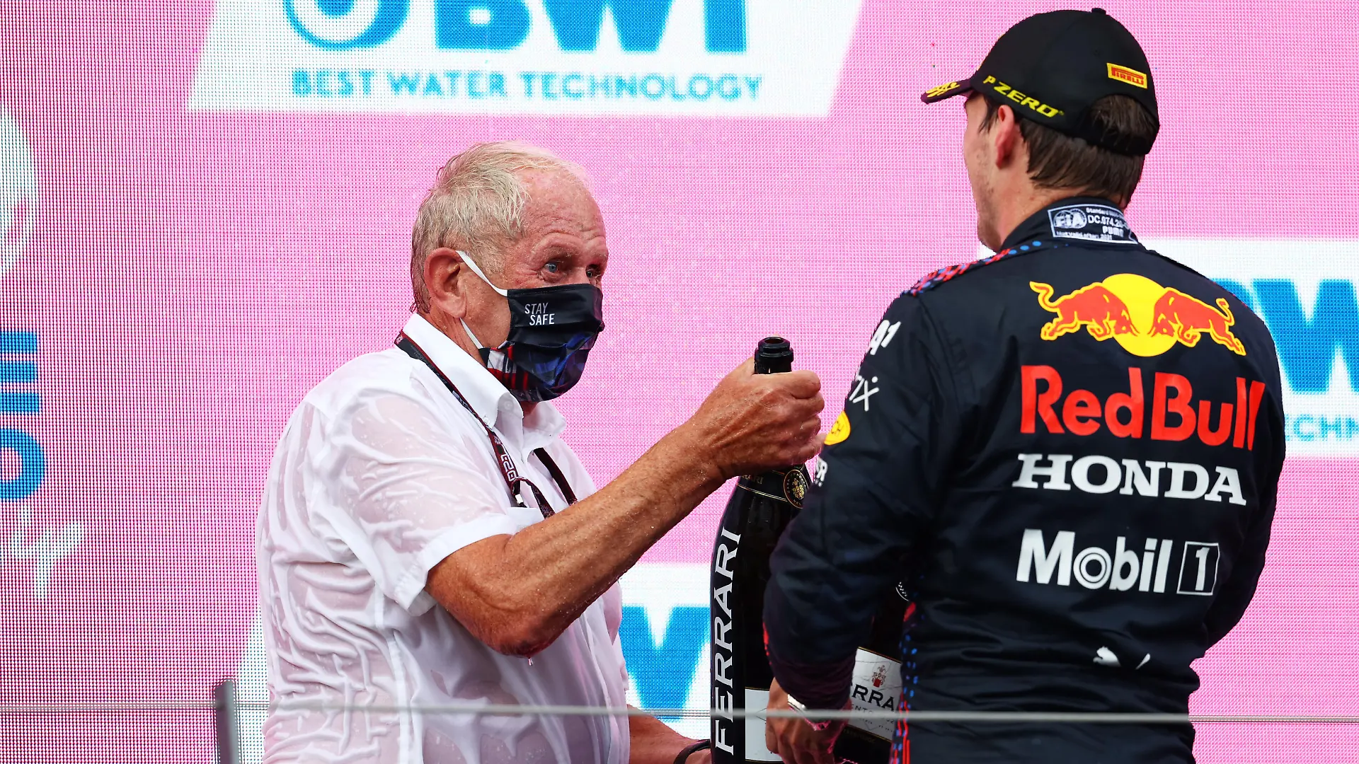 SPIELBERG, AUSTRIA - JUNE 27: Race winner Max Verstappen of Netherlands and Red Bull Racing celebrates with Red Bull Racing Team Consultant Dr Helmut Marko on the podium during the F1 Grand Prix of Styria at Red Bull Ring on June 27, 2021 in Spielberg, Austria. (Photo by Clive Rose/Getty Images)