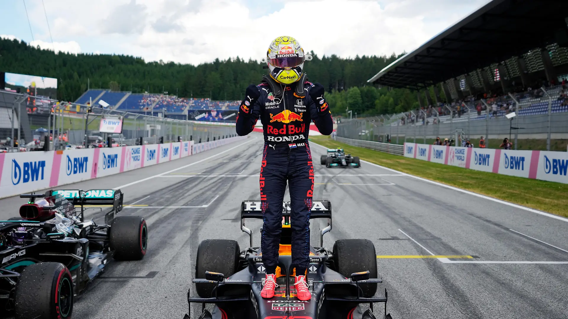 SPIELBERG, AUSTRIA - JUNE 27: Race winner Max Verstappen of Netherlands and Red Bull Racing celebrates in parc ferme during the F1 Grand Prix of Styria at Red Bull Ring on June 27, 2021 in Spielberg, Austria. (Photo by Darko Vojinovic - Pool/Getty Images)