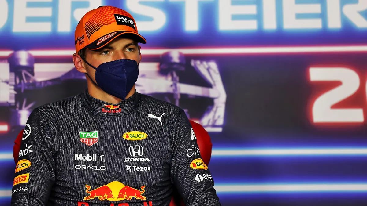 SPIELBERG, AUSTRIA - JUNE 26: Pole position qualifier Max Verstappen of Netherlands and Red Bull Racing talks in the press conference after qualifying ahead of the F1 Grand Prix of Styria at Red Bull Ring on June 26, 2021 in Spielberg, Austria. (Photo by Russell Batchelor - Pool/Getty Images)