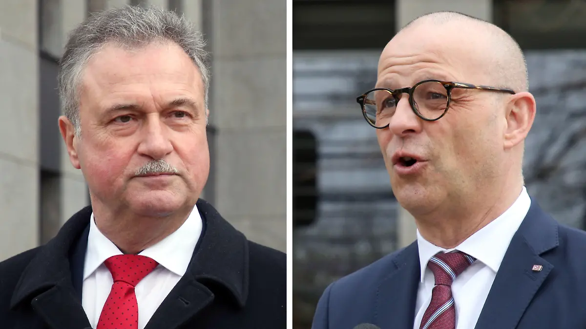 ARCHIV - 16.04.2021, Berlin: KOMBO - Claus Weselsky (l), Vorsitzender der GDL, und Martin Seiler, Personalvorstand der DB, geben getrennt voneinander zu Beginn der Tarifverhandlungen zwischen Deutscher Bahn und Gewerkschaft Deutscher Lokomotivführer Statements ab. Bei der Deutschen Bahn sind angesichts des ungelösten Tarifkonflikts Warnstreiks wahrscheinlicher geworden. (zu dpa «Bahn-Tarifrunde weiter ohne Ergebnis - Warnstreiks wahrscheinlicher») Foto: Wolfgang Kumm/dpa +++ dpa-Bildfunk +++