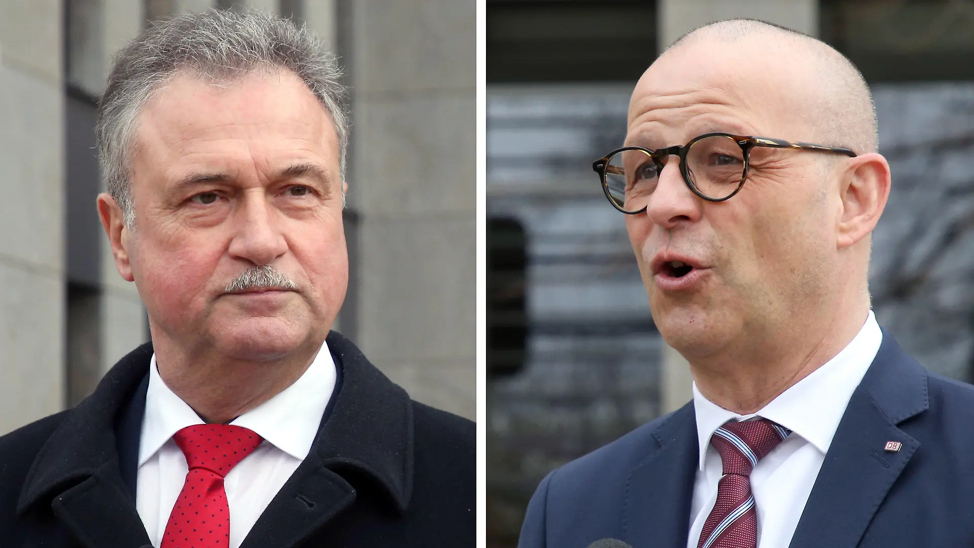 ARCHIV - 16.04.2021, Berlin: KOMBO - Claus Weselsky (l), Vorsitzender der GDL, und Martin Seiler, Personalvorstand der DB, geben getrennt voneinander zu Beginn der Tarifverhandlungen zwischen Deutscher Bahn und Gewerkschaft Deutscher Lokomotivführer Statements ab. Bei der Deutschen Bahn sind angesichts des ungelösten Tarifkonflikts Warnstreiks wahrscheinlicher geworden. (zu dpa «Bahn-Tarifrunde weiter ohne Ergebnis - Warnstreiks wahrscheinlicher») Foto: Wolfgang Kumm/dpa +++ dpa-Bildfunk +++