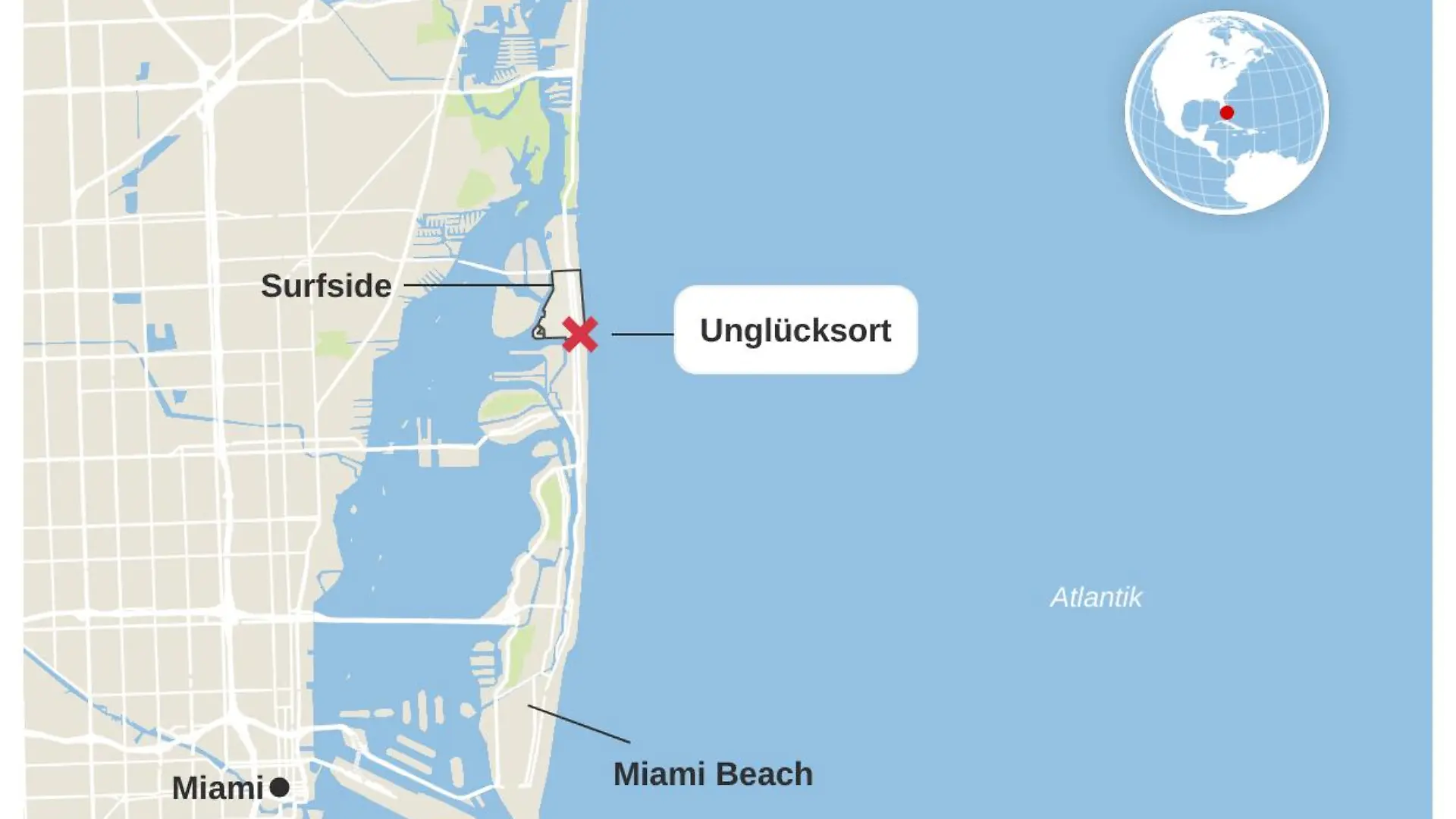 Der Unglücksort in Miami. Die Anlage Champlain Towers South liegt in unmittelbarer Nähe zum Strand.