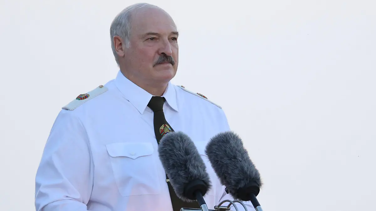 Belarusian President Alexander Lukashenko attends a ceremony to mark the 80th anniversary of Germany's attack on the Soviet Union in World War II in the Brest Fortress memorial, 360 km (225 miles) southwest of Minsk, Belarus, Tuesday, June 22, 2021. (Maxim Guchek/BelTA Pool Photo via AP)