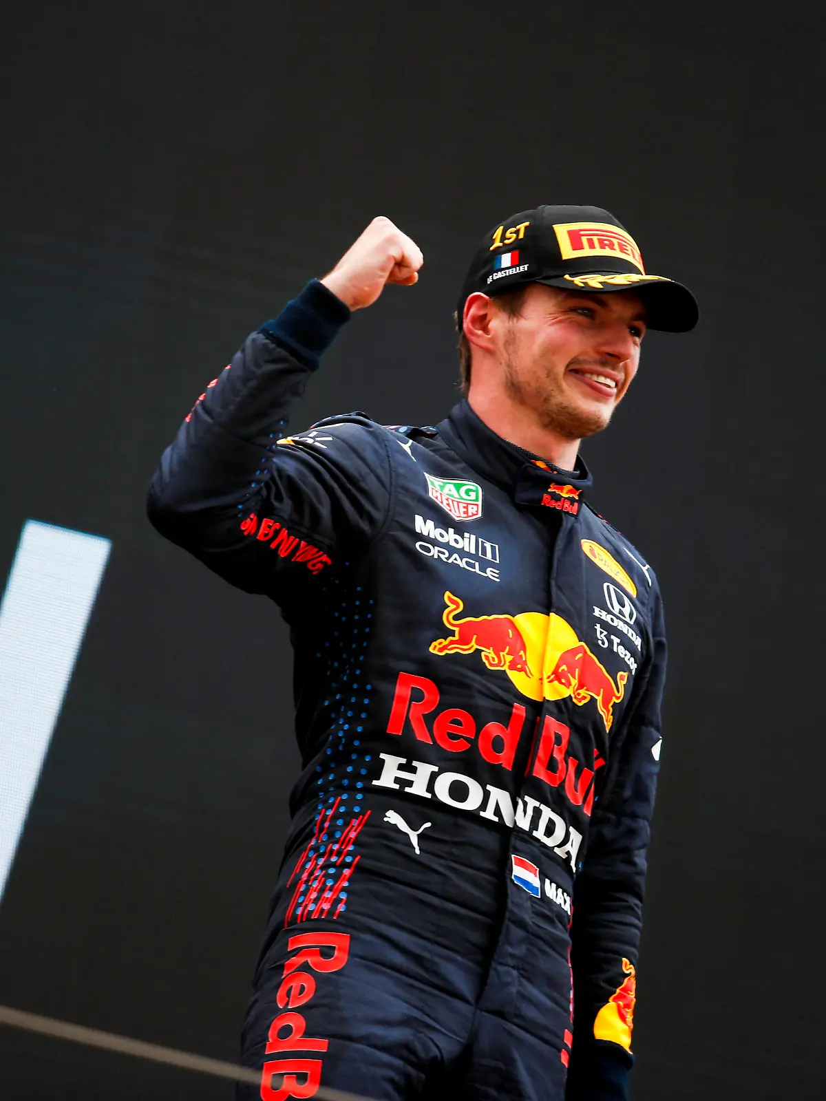 Formula 1 2021: French GP CIRCUIT PAUL RICARD, FRANCE - JUNE 20: Max Verstappen, Red Bull Racing, 1st position, celebrates on the podium during the French GP at Circuit Paul Ricard on Sunday June 20, 2021 in Le Castellet, France. Photo by Zak Mauger / LAT Images Images PUBLICATIONxINxGERxSUIxAUTxHUNxONLY GP2107_144700_54I9612 