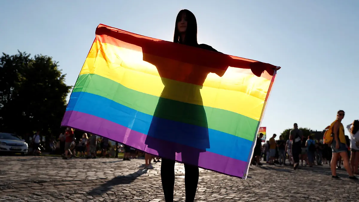 A demonstrator holds the LGBT flag during a protest against a law that bans LGBTQ content in schools and media at the Presidential Palace in Budapest, Hungary, June 16, 2021. REUTERS/Bernadett Szabo