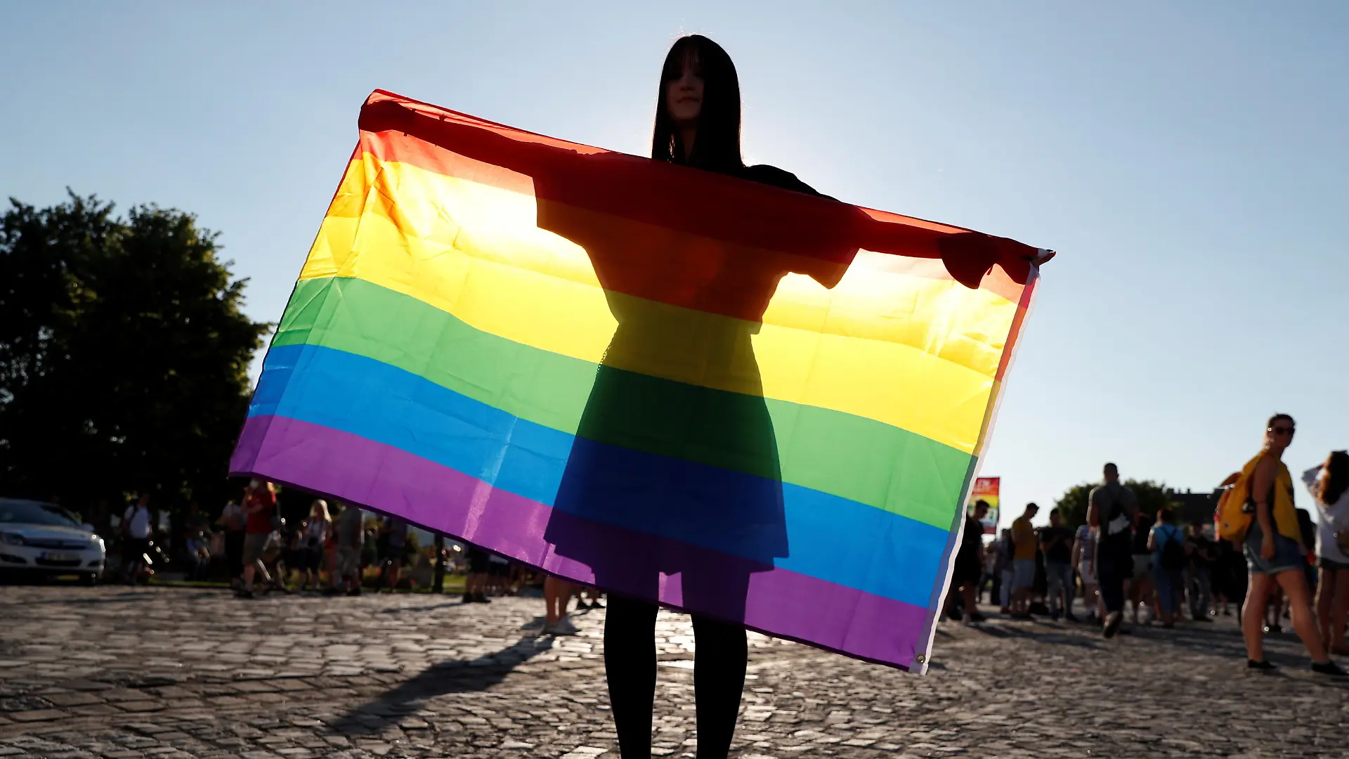 A demonstrator holds the LGBT flag during a protest against a law that bans LGBTQ content in schools and media at the Presidential Palace in Budapest, Hungary, June 16, 2021. REUTERS/Bernadett Szabo