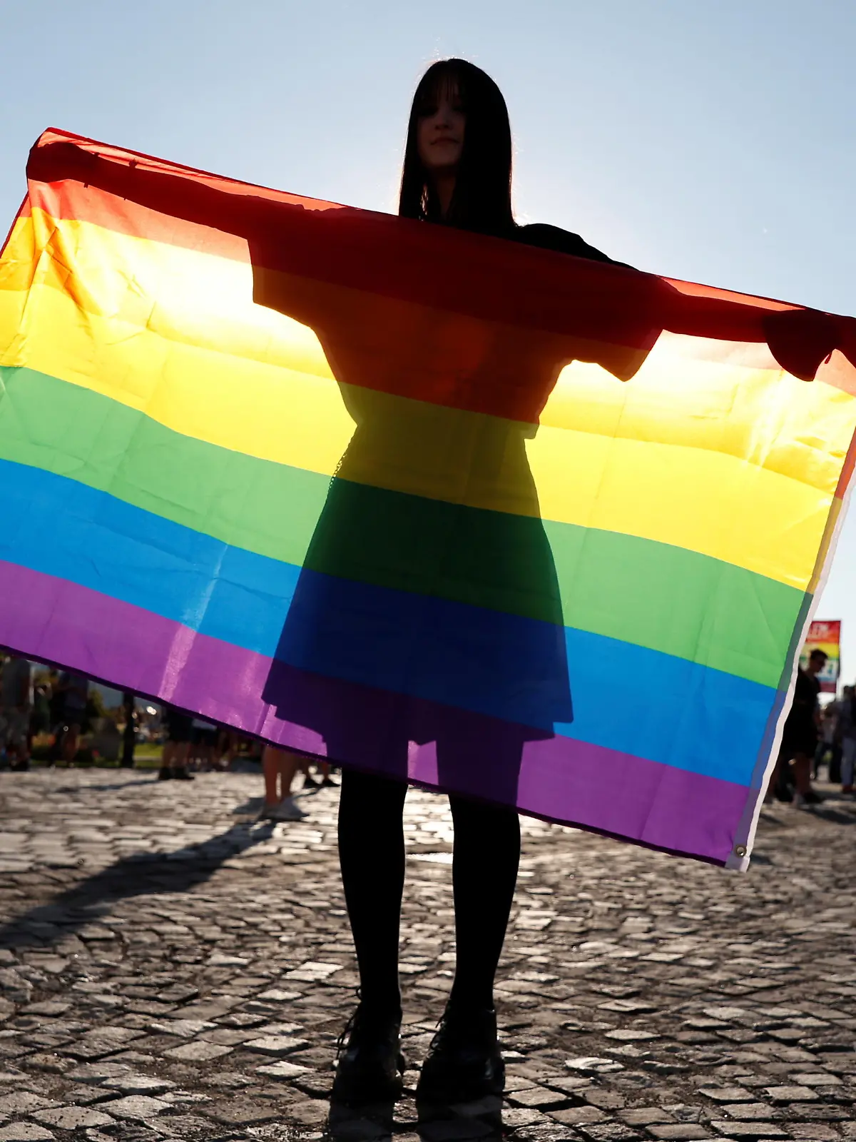 A demonstrator holds the LGBT flag during a protest against a law that bans LGBTQ content in schools and media at the Presidential Palace in Budapest, Hungary, June 16, 2021. REUTERS/Bernadett Szabo