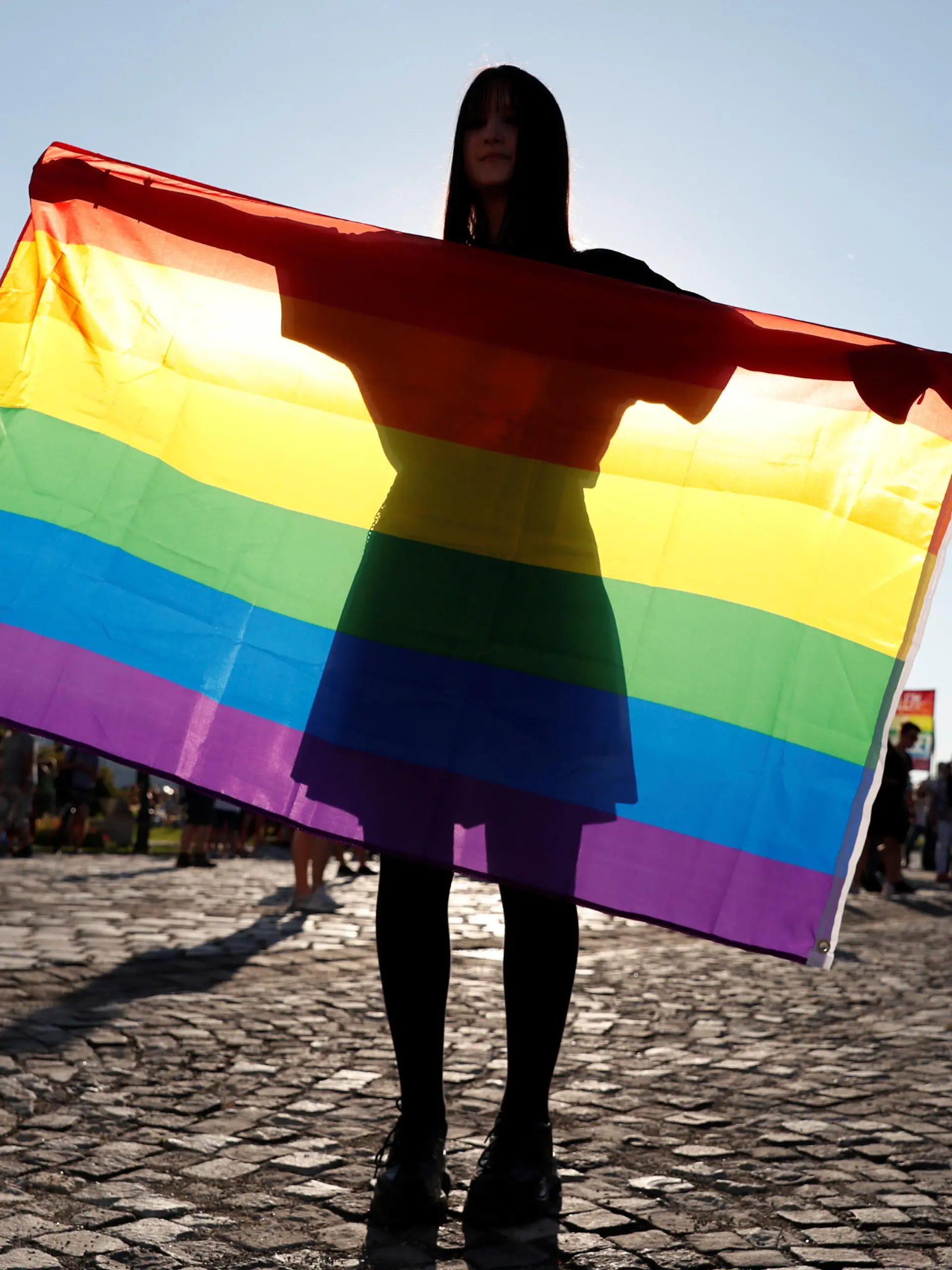 A demonstrator holds the LGBT flag during a protest against a law that bans LGBTQ content in schools and media at the Presidential Palace in Budapest, Hungary, June 16, 2021. REUTERS/Bernadett Szabo