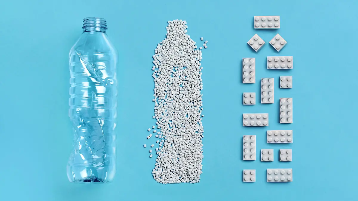FILE PHOTO: View a plastic bottle, pellets and bricks at Lego's materials and safety testing labs in Billund, Denmark taken at the end of May 2021. Note: Picture does not represent how many bricks one plastic bottle yields. One yields about ten 2x4 bricks. LEGO Group/Handout via REUTERS THIS IMAGE HAS BEEN SUPPLIED BY A THIRD PARTY. NO RESALES. NO ARCHIVES/File Photo/File Photo
