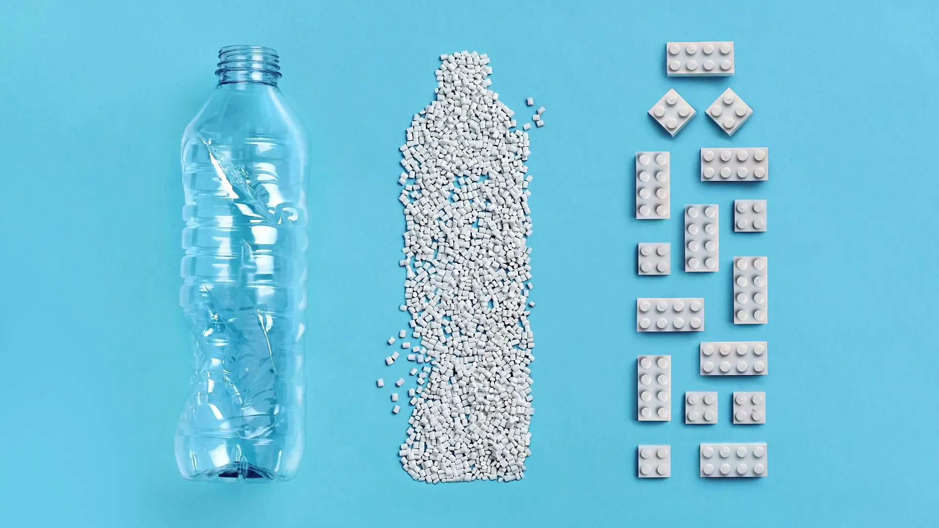 FILE PHOTO: View a plastic bottle, pellets and bricks at Lego's materials and safety testing labs in Billund, Denmark taken at the end of May 2021. Note: Picture does not represent how many bricks one plastic bottle yields. One yields about ten 2x4 bricks. LEGO Group/Handout via REUTERS THIS IMAGE HAS BEEN SUPPLIED BY A THIRD PARTY. NO RESALES. NO ARCHIVES/File Photo/File Photo