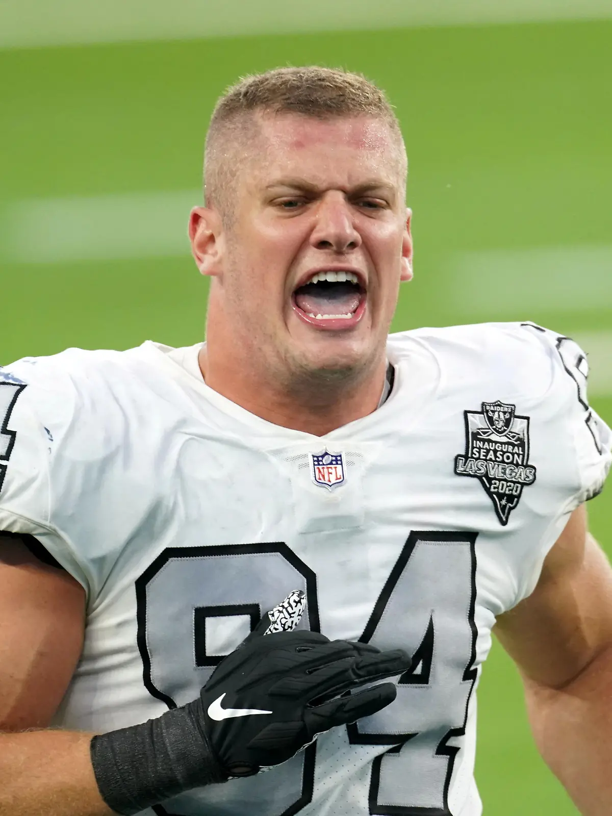 FILE PHOTO: Las Vegas Raiders defensive end Carl Nassib celebrates at the end of the game against the Los Angeles Chargers at SoFi Stadium in Inglewood, California, U.S. November 8, 2020.   Mandatory Credit: Kirby Lee-USA TODAY Sports/File Photo
