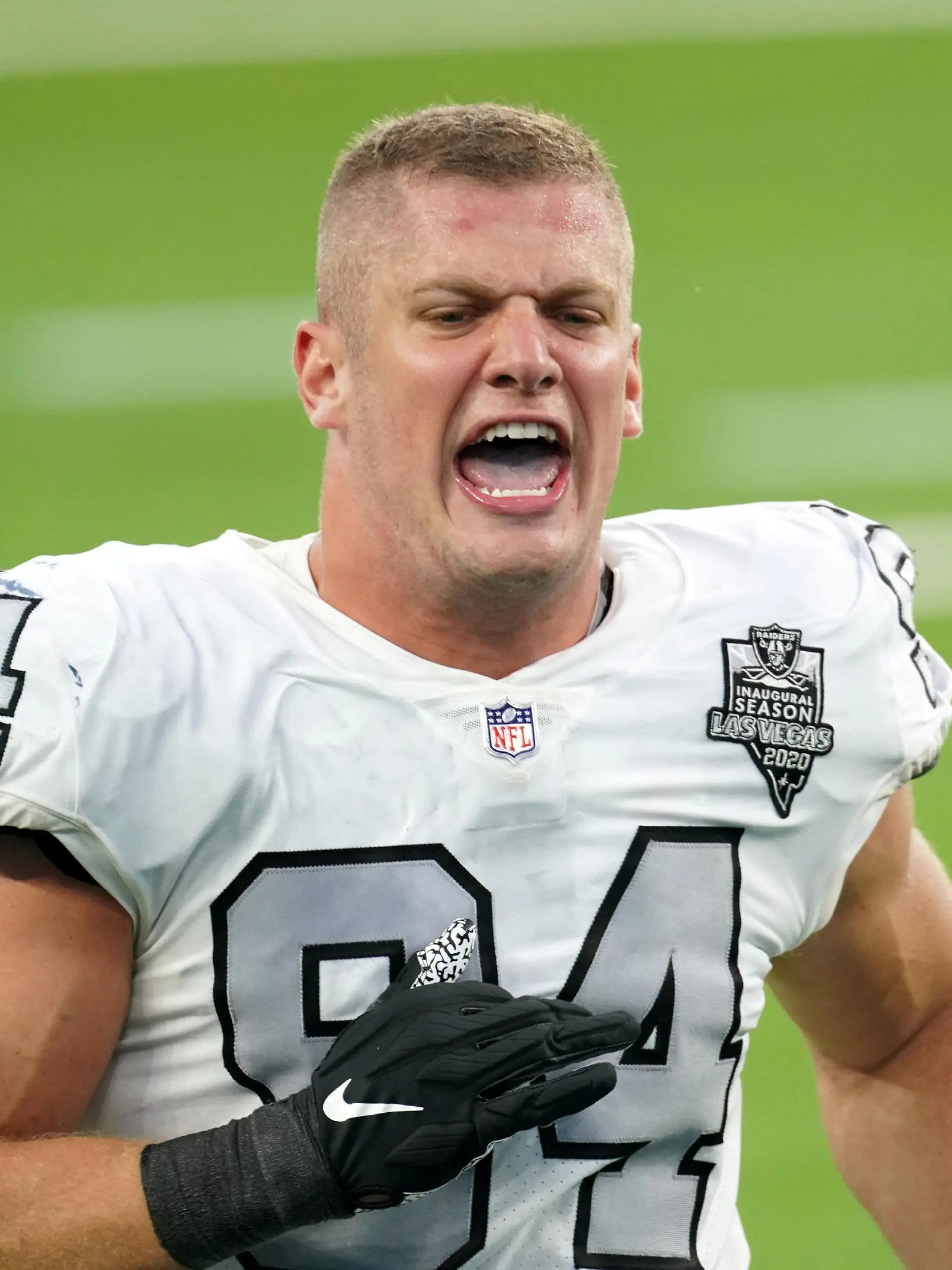 FILE PHOTO: Las Vegas Raiders defensive end Carl Nassib celebrates at the end of the game against the Los Angeles Chargers at SoFi Stadium in Inglewood, California, U.S. November 8, 2020.   Mandatory Credit: Kirby Lee-USA TODAY Sports/File Photo