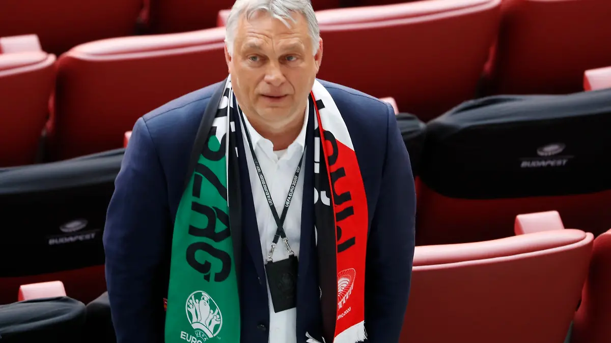 Hungary's Prime Minister Viktor Orban attends the Euro 2020 soccer championship group F match between Hungary and Portugal at the Ferenc Puskas stadium in Budapest, Hungary, Tuesday, June 15, 2021. (AP Photo/Laszlo Balogh, Pool)