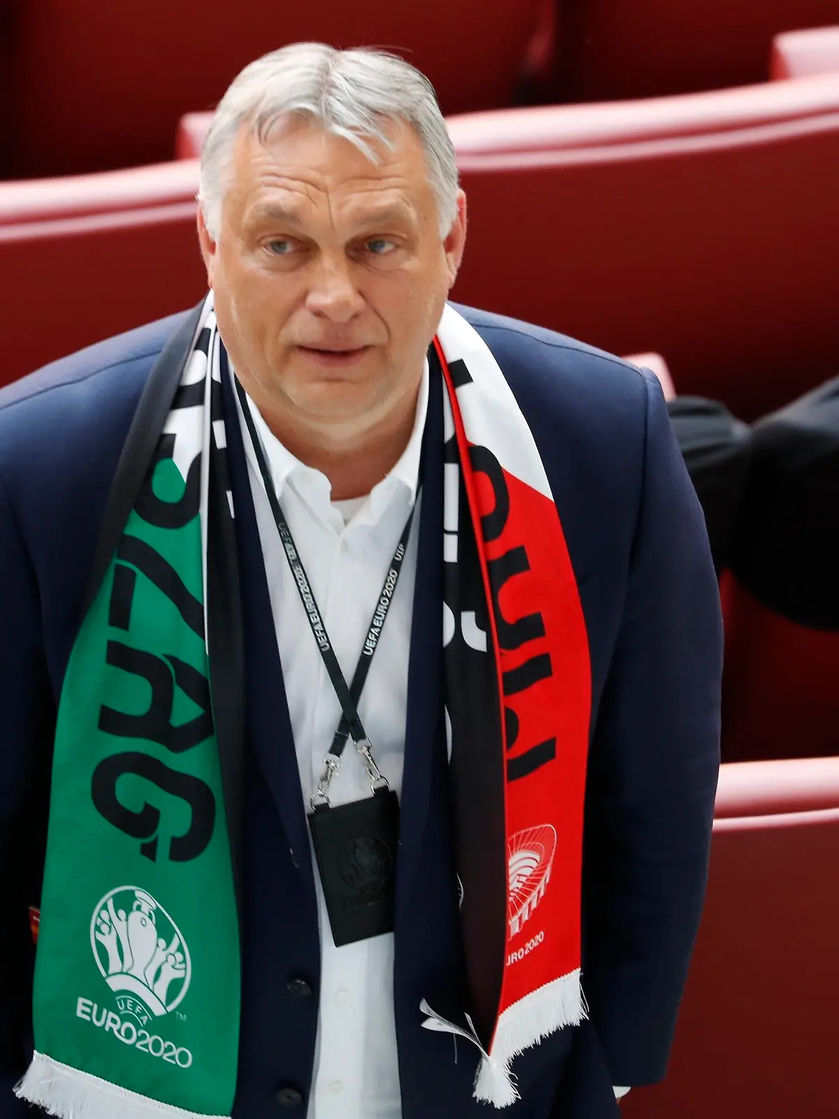 Hungary's Prime Minister Viktor Orban attends the Euro 2020 soccer championship group F match between Hungary and Portugal at the Ferenc Puskas stadium in Budapest, Hungary, Tuesday, June 15, 2021. (AP Photo/Laszlo Balogh, Pool)