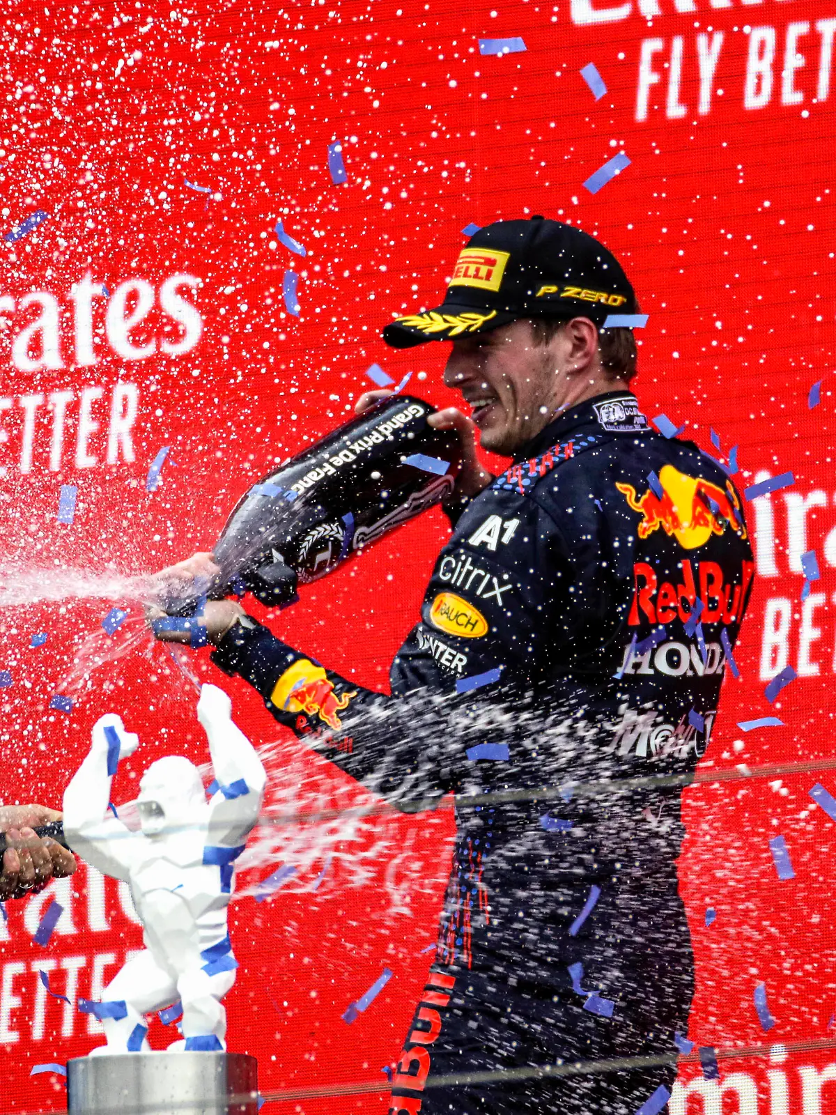 Formula 1 2021: French GP CIRCUIT PAUL RICARD, FRANCE - JUNE 20: Max Verstappen, Red Bull Racing, 1st position, and Gianpiero Lambiase, Race Engineer, Red Bull Racing, spray Champagne on the podium during the French GP at Circuit Paul Ricard on Sunday June 20, 2021 in Le Castellet, France. Photo by Drew Gibson / LAT Images Images PUBLICATIONxINxGERxSUIxAUTxHUNxONLY GP2107_144959_DG19424 