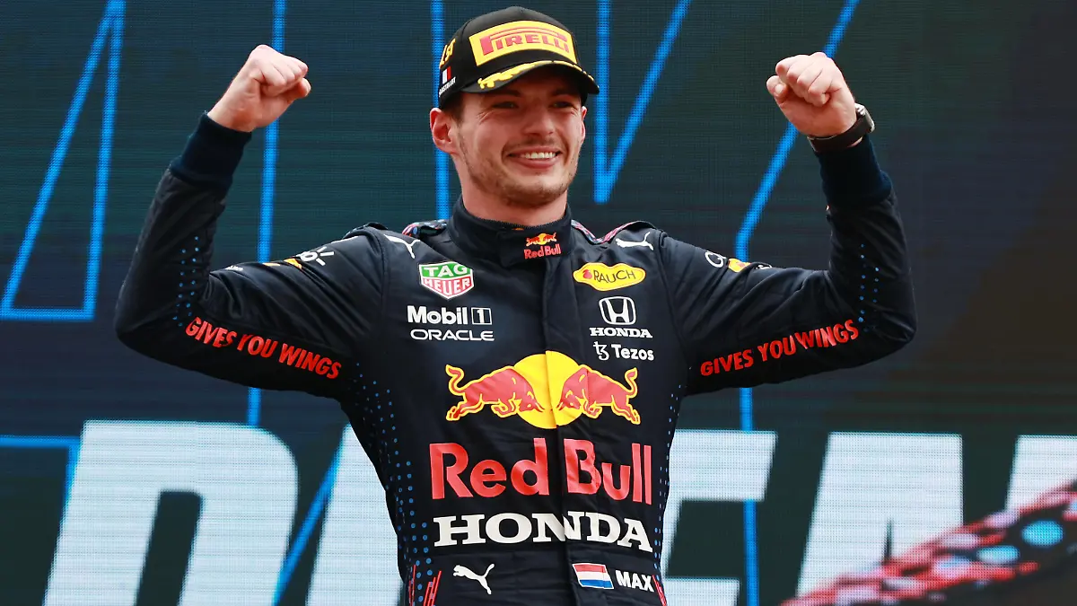 LE CASTELLET, FRANCE - JUNE 20: Race winner Max Verstappen of Netherlands and Red Bull Racing celebrates on the podium during the F1 Grand Prix of France at Circuit Paul Ricard on June 20, 2021 in Le Castellet, France. (Photo by Mark Thompson/Getty Images)