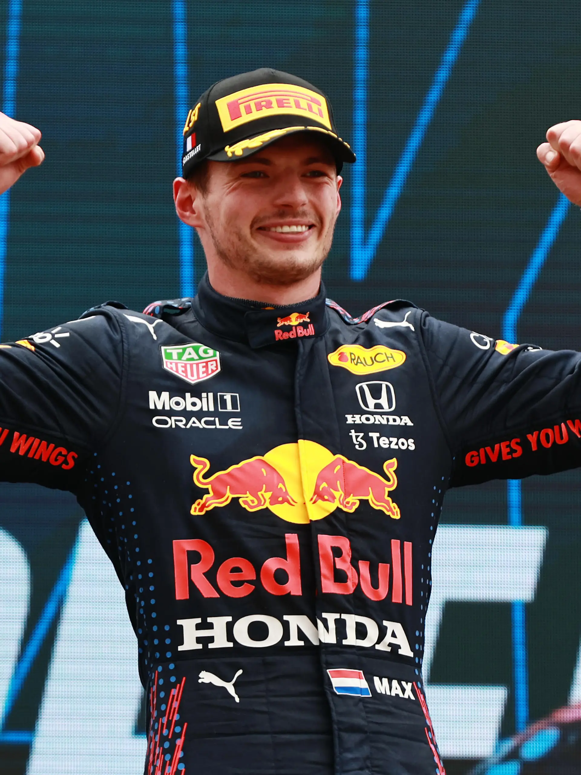 LE CASTELLET, FRANCE - JUNE 20: Race winner Max Verstappen of Netherlands and Red Bull Racing celebrates on the podium during the F1 Grand Prix of France at Circuit Paul Ricard on June 20, 2021 in Le Castellet, France. (Photo by Mark Thompson/Getty Images)