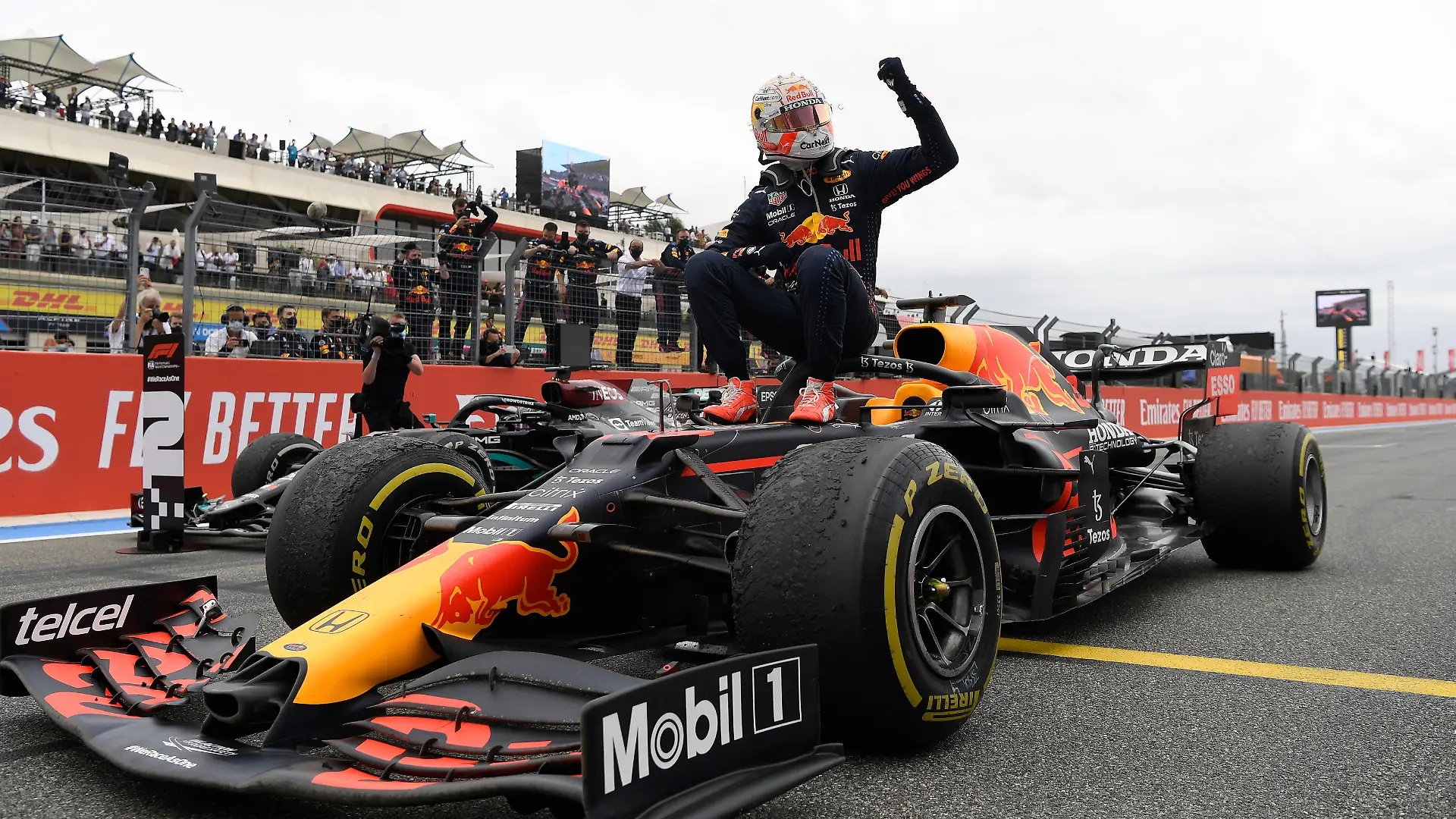 LE CASTELLET, FRANCE - JUNE 20: Race winner Max Verstappen of Netherlands and Red Bull Racing celebrates in parc ferme during the F1 Grand Prix of France at Circuit Paul Ricard on June 20, 2021 in Le Castellet, France. (Photo by Nicolas Tucat - Pool/Getty Images)