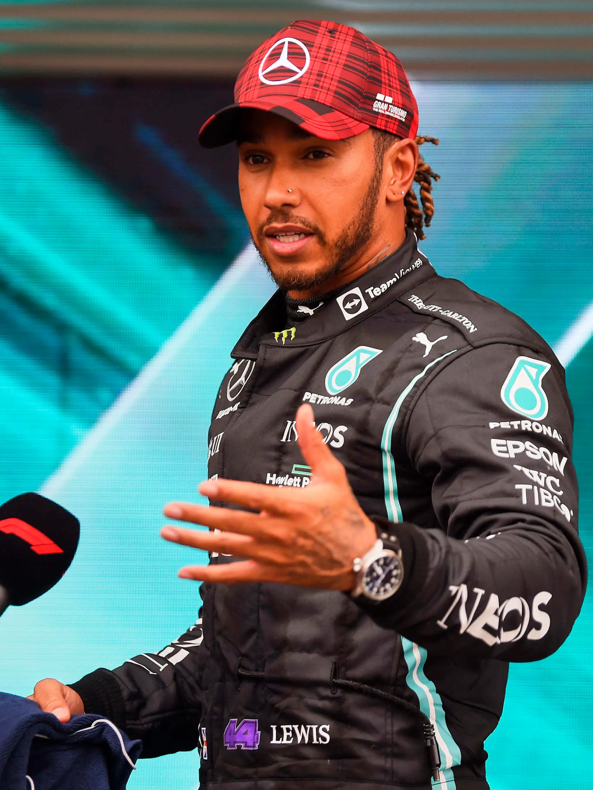 Mercedes driver Lewis Hamilton of Britain addresses the media after the qualifying session ahead of the French Formula One Grand Prix at the Paul Ricard racetrack in Le Castellet, southern France, Saturday, June 19, 2021. The French Grand Prix will be held on Sunday. (Nicolas Tucat/Pool via AP)