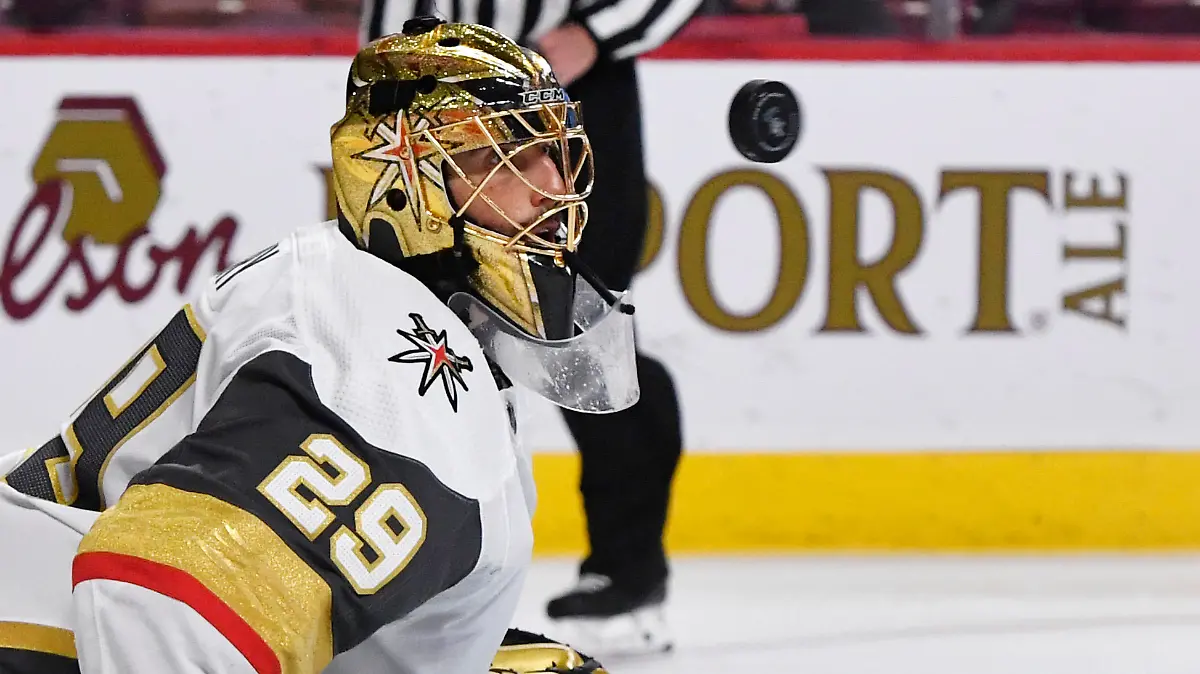 Jun 18, 2021; Montreal, Quebec, CAN; Vegas Golden Knights goalie Marc-Andre Fleury (29) tracks the puck during the second period in game three of the 2021 Stanley Cup Semifinals against the Montreal Canadiens at the Bell Centre. Mandatory Credit: Eric Bolte-USA TODAY Sports