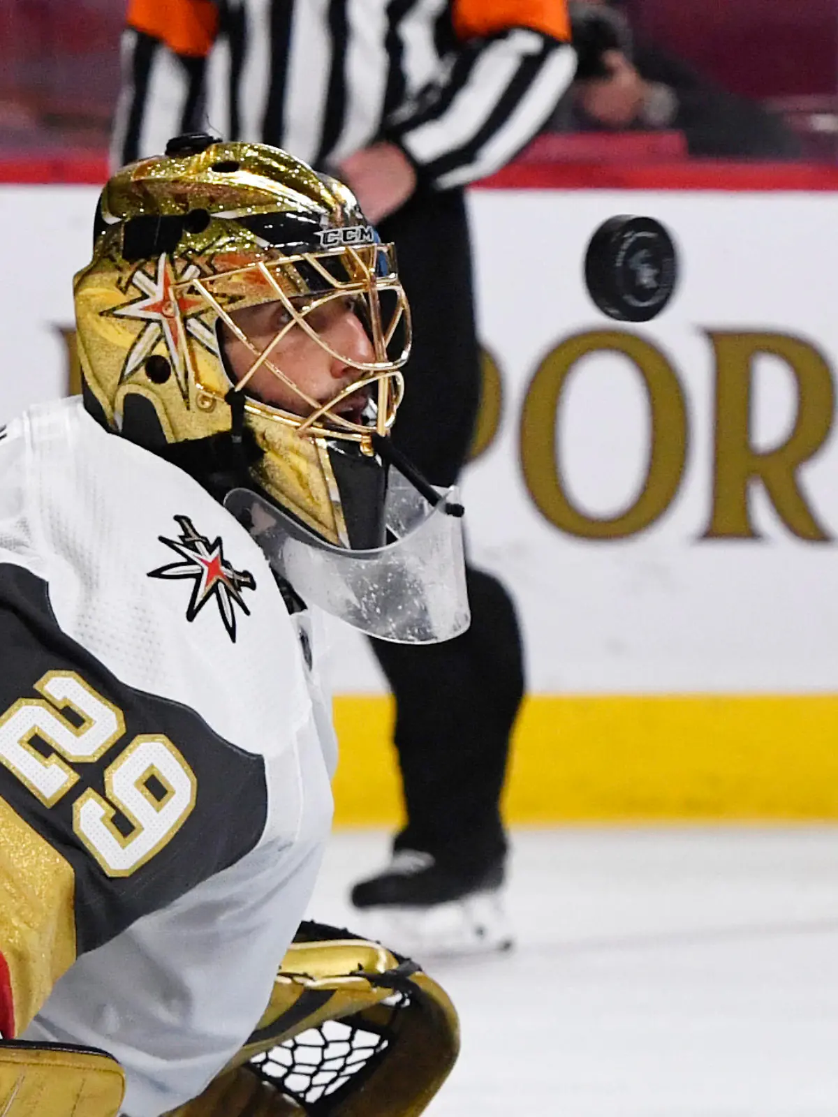 Jun 18, 2021; Montreal, Quebec, CAN; Vegas Golden Knights goalie Marc-Andre Fleury (29) tracks the puck during the second period in game three of the 2021 Stanley Cup Semifinals against the Montreal Canadiens at the Bell Centre. Mandatory Credit: Eric Bolte-USA TODAY Sports