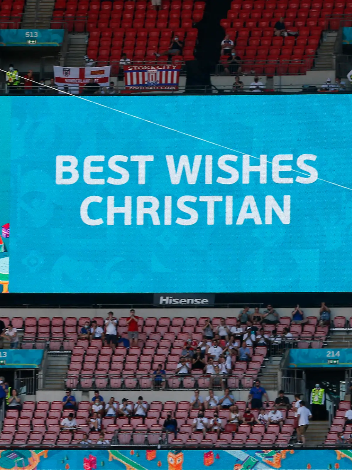 210614 -- LONDON, June 14, 2021 -- A message in support of Denmark s midfielder Christian Eriksen, who was hospitalized after he collapsed on the pitch during the UEFA EURO, EM, Europameisterschaft,Fussball 2020 Group B football match between Denmark and Finland on June 12, is on show prior to the Group D match between England and Croatia at the UEFA Euro 2020 Championship in London, Britain, on June 13, 2021.  SPBRITAIN-LONDON-FOOTBALL-UEFA EURO 2020-GROUP D-ENG VS CRO HanxYan PUBLICATIONxNOTxINxCHN 