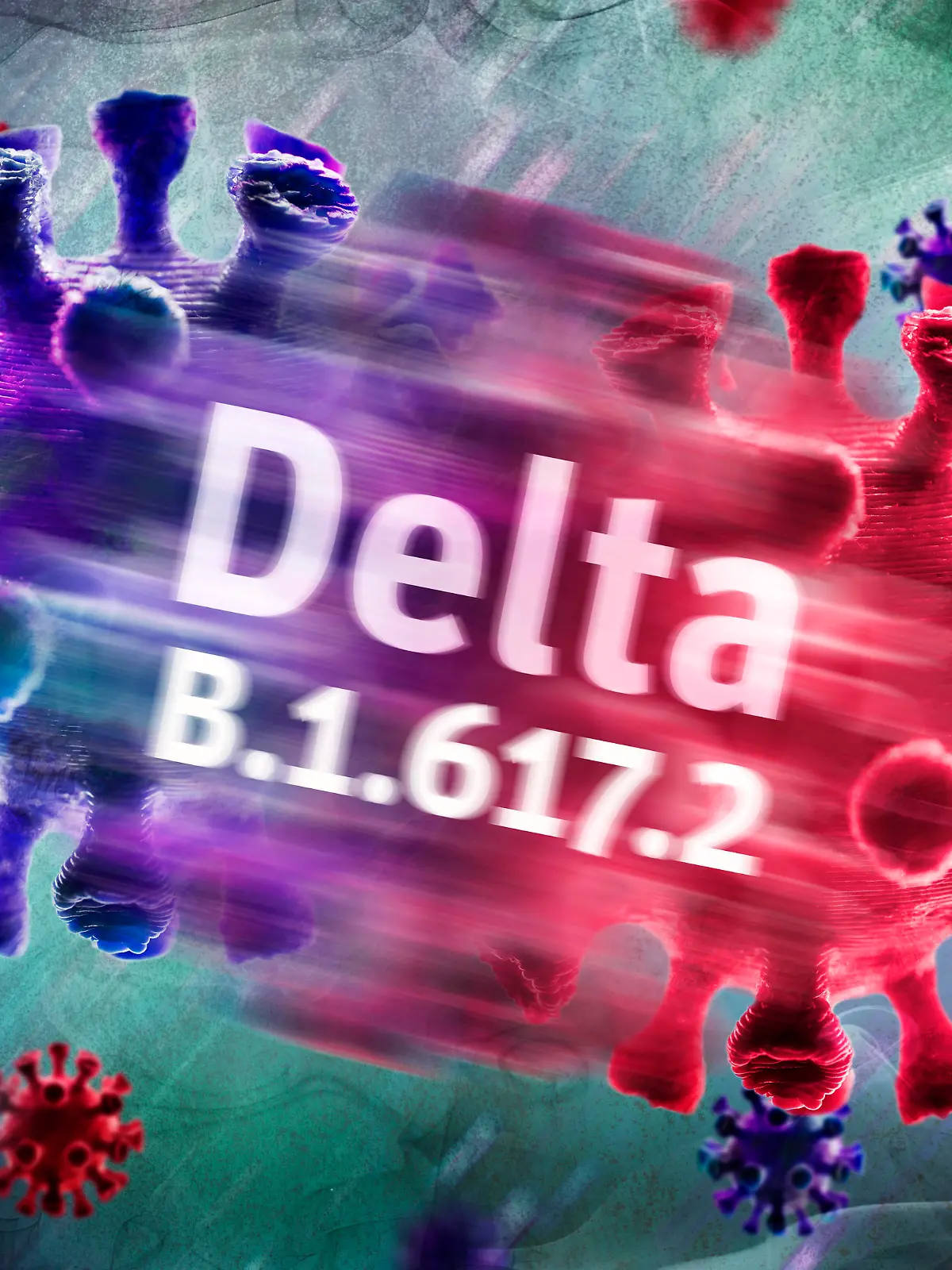  FOTOMONTAGE, Mutierter Coronavirus, Symbolfoto Delta-Variante B.1.617.2 *** PHOTOMONTAGE, Mutated coronavirus, symbol photo Delta variant B 1 617 2