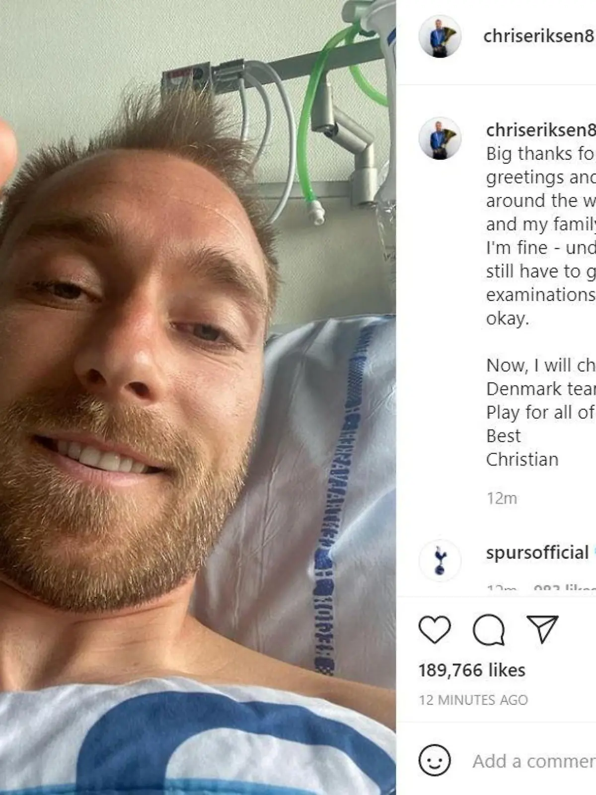 A message is seen on an Instagram account of Danish footballer Christian Eriksen next to a photograph of him giving a thumbs-up at Rigshospitalet, where he is treated after he collapsed during a UEFA Euro 2020 game on Saturday, in Copenhagen, Denmark, in this screen grab from a social media post published June 15, 2021. Danish Football Association/via REUTERS THIS IMAGE HAS BEEN SUPPLIED BY A THIRD PARTY. MANDATORY CREDIT. NO RESALES. NO ARCHIVES.