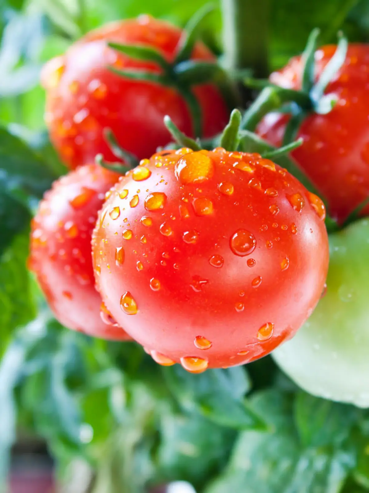Tomatenpflanzen mit Wassertropfen auf den Früchten