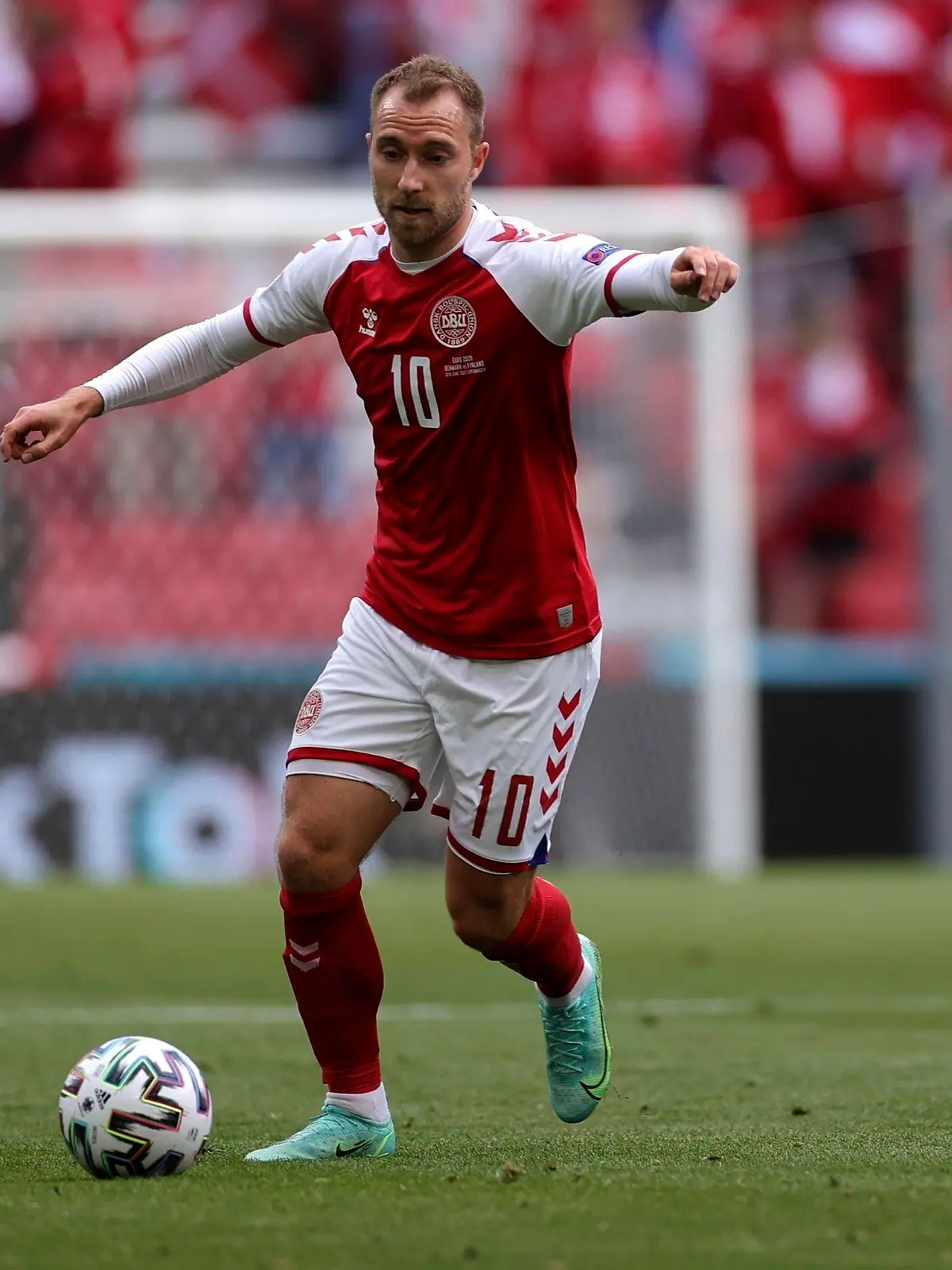 FILE - In this file photo dated Saturday, June 12, 2021, Denmark's Christian Eriksen controls the ball during the Euro 2020 soccer championship group B match against Finland at Parken stadium in Copenhagen, Denmark. Christian Eriksen has been discharged from the hospital nearly a week after collapsing on the field during a Euro 2020 soccer match, according to a statement from Danish soccer federation Friday June 18, 2021. (Wolfgang Rattay/Pool via AP)