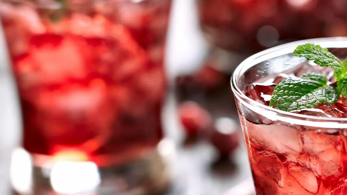 close up photo of a cranberry cocktail with mint garnish.