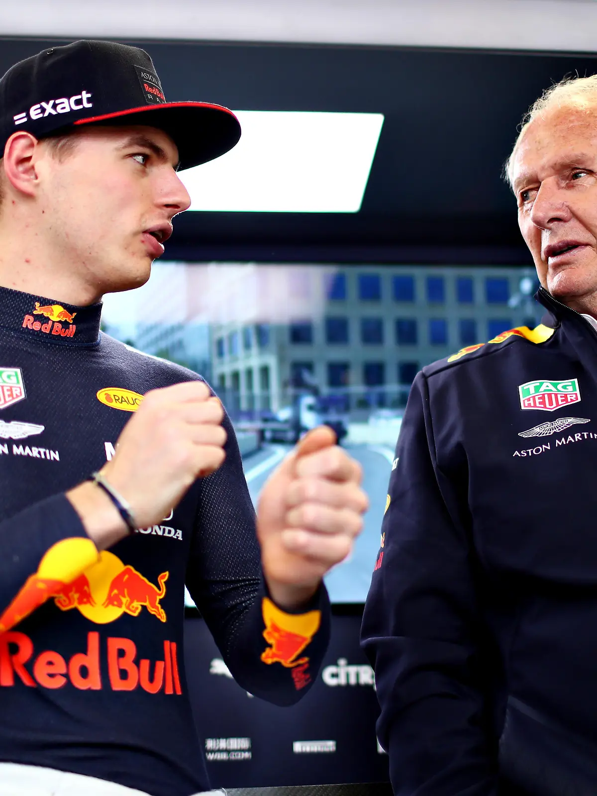 BAKU, AZERBAIJAN - APRIL 26: Max Verstappen of Netherlands and Red Bull Racing talks with Red Bull Racing Team Consultant Dr Helmut Marko in the garage during practice for the F1 Grand Prix of Azerbaijan at Baku City Circuit on April 26, 2019 in Baku, Azerbaijan. (Photo by Dan Istitene/Getty Images)