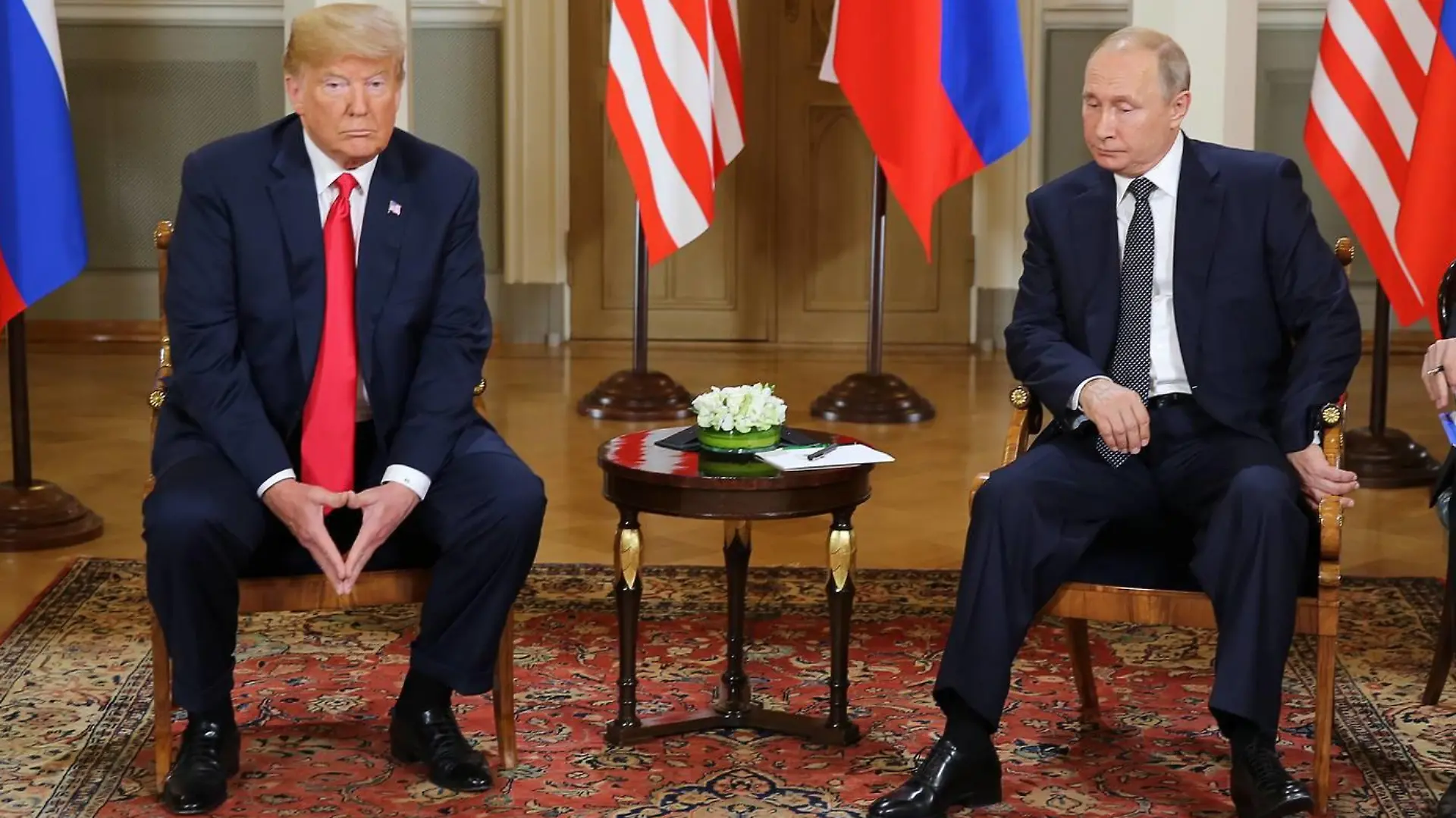 (180716) -- HELSINKI, July 16, 2018 -- U.S. President Donald Trump (2nd L) and his Russian counterpart Vladimir Putin (2nd R) meet in Helsinki, Finland, on July 16, 2018. Donald Trump and Vladimir Putin started their first bilateral meeting here on Monday. Office of the President of the Republic of Finland/)(rh) FINLAND-HELSINKI-TRUMP-PUTIN-MEETING JuhanixKandell PUBLICATIONxNOTxINxCHN