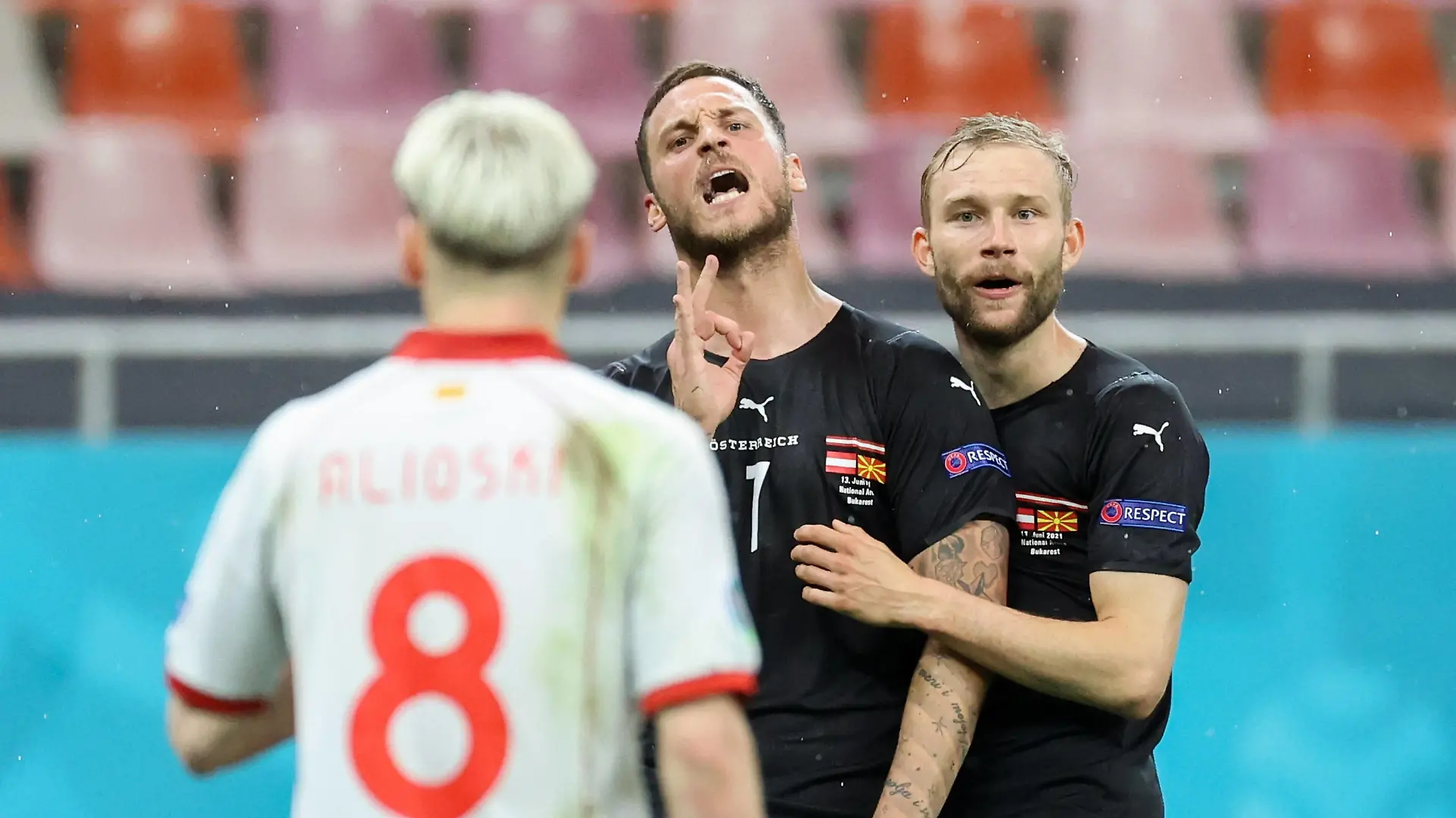 SOCCER - UEFA EURO, EM, Europameisterschaft,Fussball 2020 BUCHAREST,ROMANIA,13.JUN.21 - SOCCER - UEFA European Championship, EM, Europameisterschaft OEFB international match, Länderspiel, Nationalmannschaft Austria vs North Macedonia. Image shows the rejoicing of Marko Arnautovic and Konrad Laimer AUT Ezgjan Alioski MDK. PUBLICATIONxNOTxINxAUTxSUIxSWE GEPAxpictures/xChristianxWalgram