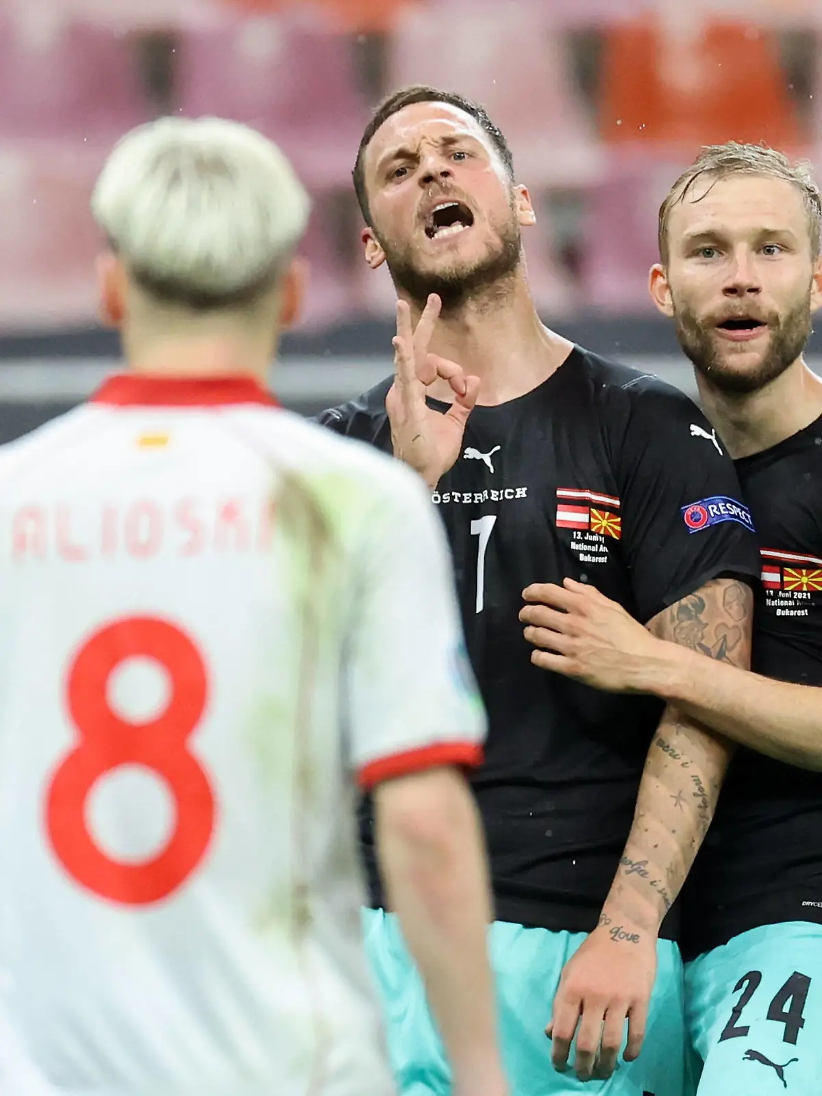  SOCCER - UEFA EURO, EM, Europameisterschaft,Fussball 2020 BUCHAREST,ROMANIA,13.JUN.21 - SOCCER - UEFA European Championship, EM, Europameisterschaft OEFB international match, Länderspiel, Nationalmannschaft Austria vs North Macedonia. Image shows the rejoicing of Marko Arnautovic and Konrad Laimer AUT Ezgjan Alioski MDK. PUBLICATIONxNOTxINxAUTxSUIxSWE GEPAxpictures/xChristianxWalgram