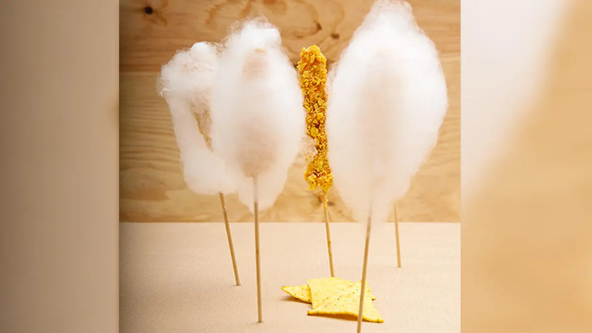 Hühnerspieß mit Taco-Panade in hauchzarter Zuckerwatte