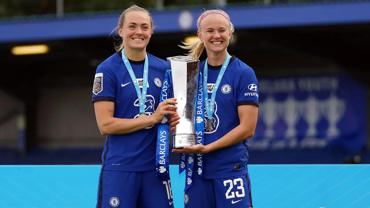 Chelsea s Magdalena Eriksson and Pernille Harder right with the FA Women s Super League trophy after clinching the title at Kingsmeadow, London. Picture date: Sunday May 9, 2021. , London Denmark *** Chelsea s Magdalena Eriksson and Pernille Harder right with the FA Women s Super League trophy after clinching the title at Kingsmeadow, London Picture date Sunday May 9, 2021, London Denmark PUBLICATIONxINxGERxSUIxAUTxONLY Copyright: PAxWire/PAxImages JohnxWaltonx pa/SOCCER Chelsea Women 17010323 spdk20210509-182038-L