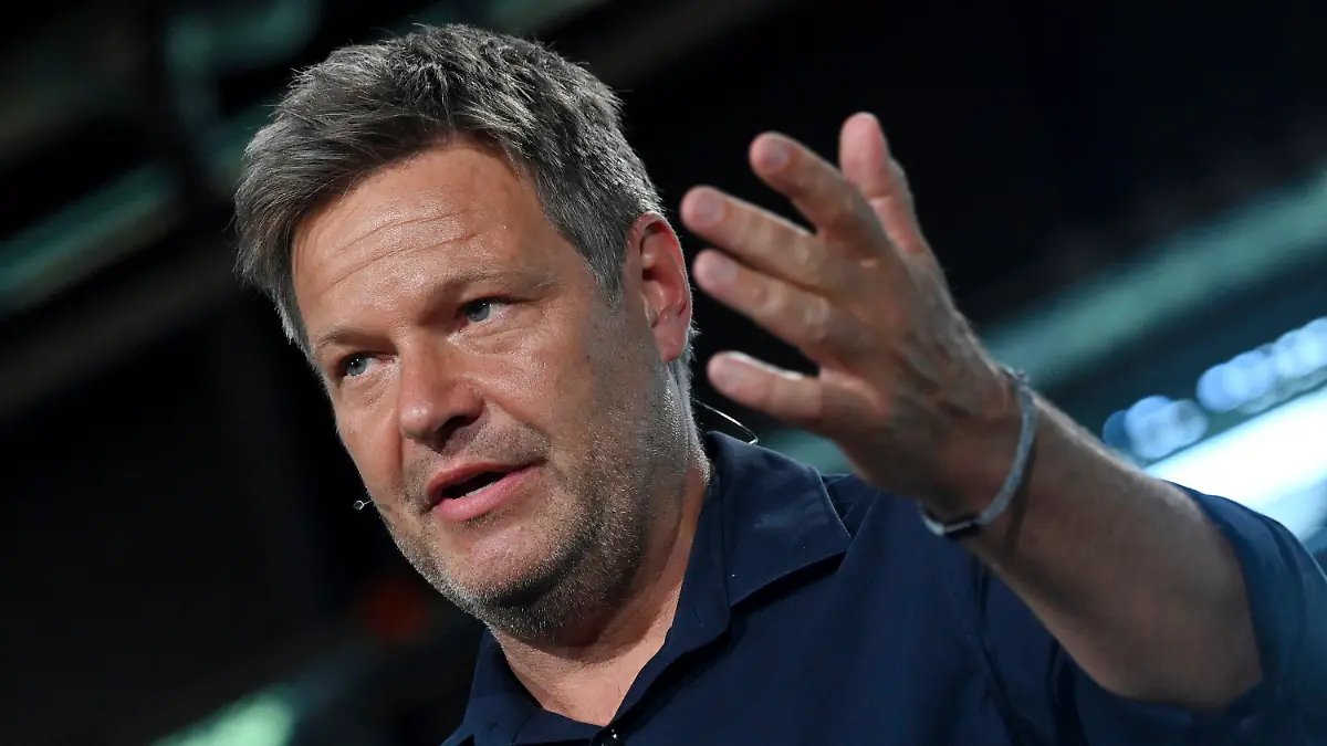 Co-leader of Germany's Green Party, Robert Habeck, gestures as he delivers his speech at the online party Congress of Germany's Alliance 90/The Greens in Berlin, Germany, Friday, June 11, 2021. (John MacDougall/Pool via AP)