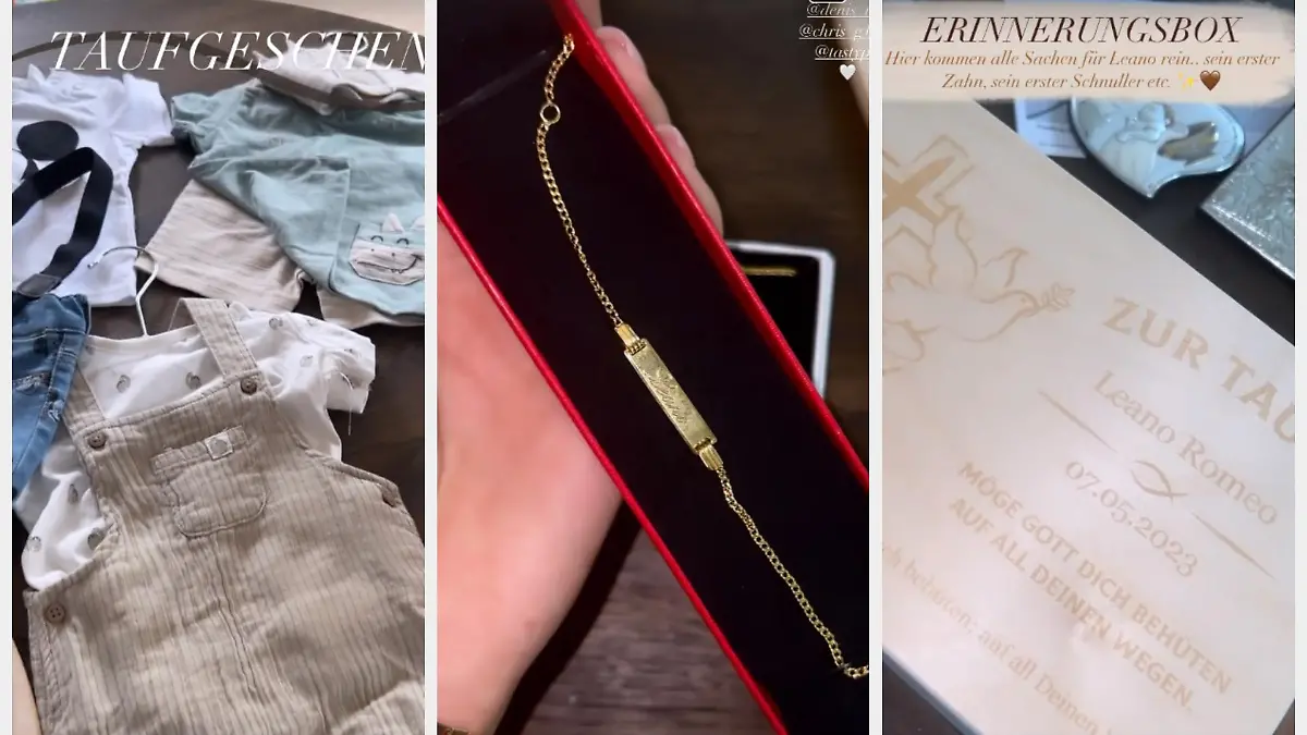 Laura zeigt die Taufgeschenke für Leano