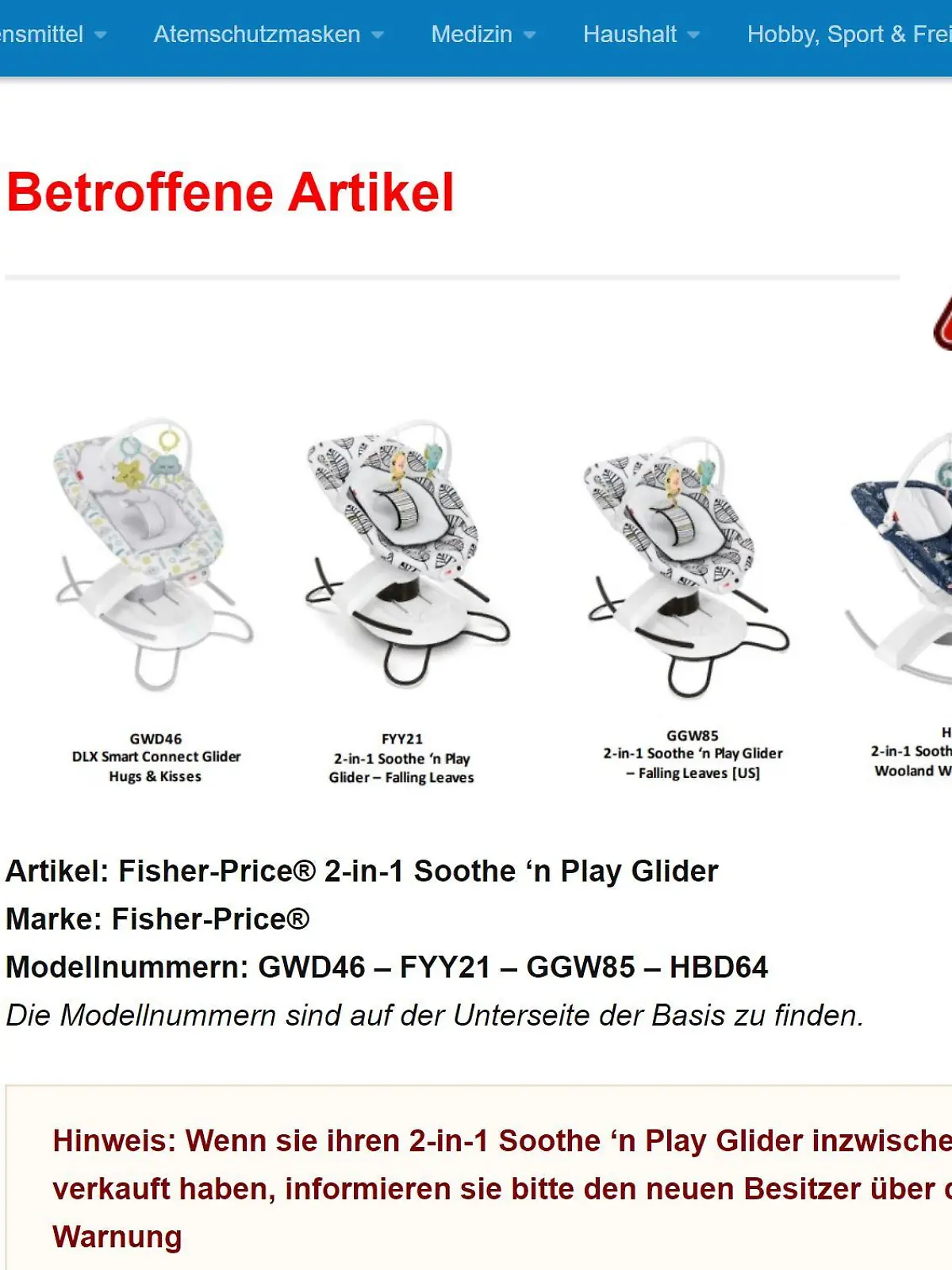 Produktbild: Zurückgerufene Babywippen von Mattel.