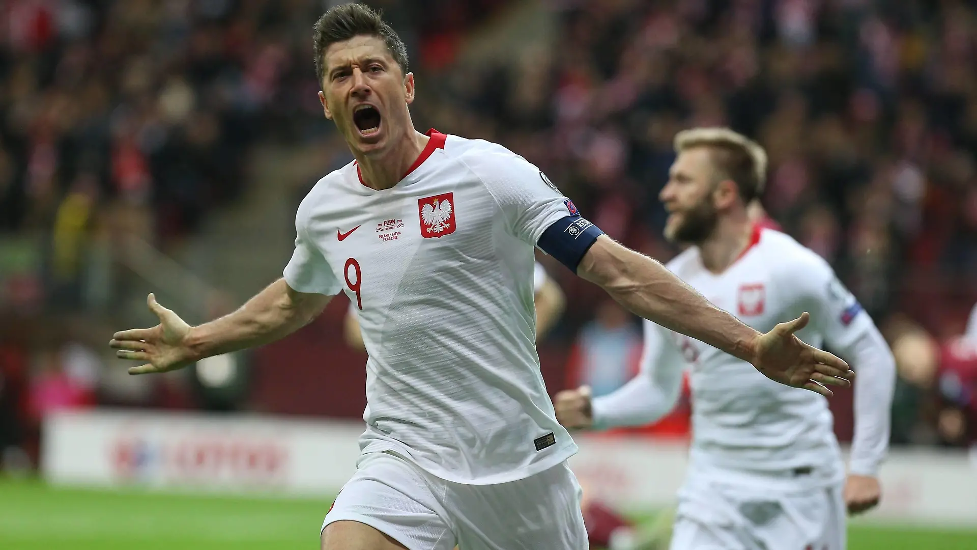 WARSZAWA 24.03.2019 PILKA NOZNA FOOTBALL MECZ ELIMINACJE DO MISTRZOSTW EUROPY 2020 GRUPA G: POLSKA - LOTWA --- QUALIFICATION FOR THE UEFA European Championship EM Europameisterschaft EURO 2020 MATCH GROUP G IN WARSAW: POLAND - LATVIA --- NZ ROBERT LEWANDOWSKI , gol goal bramka , radosc celebration , FOT. GRZEGORZ RADTKE / 058sport.pl / NEWSPIX.PL --- Newspix.pl PUBLICATIONxNOTxINxPOL 20190324_060_GRZ_3553_RAD