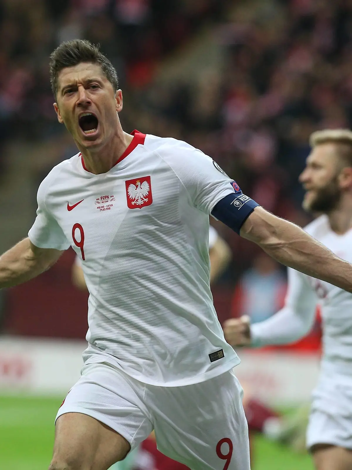 WARSZAWA 24.03.2019 PILKA NOZNA FOOTBALL MECZ ELIMINACJE DO MISTRZOSTW EUROPY 2020 GRUPA G: POLSKA - LOTWA --- QUALIFICATION FOR THE UEFA European Championship EM Europameisterschaft EURO 2020 MATCH GROUP G IN WARSAW: POLAND - LATVIA --- NZ ROBERT LEWANDOWSKI , gol goal bramka , radosc celebration , FOT. GRZEGORZ RADTKE / 058sport.pl / NEWSPIX.PL --- Newspix.pl PUBLICATIONxNOTxINxPOL 20190324_060_GRZ_3553_RAD  